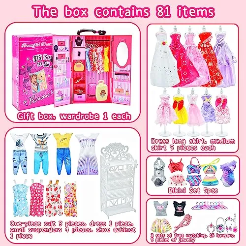102 Pcs Doll Clothes and Accessories, Fashion Design Kit for Doll with 11.5 Inch Closet Including Wedding Gown Party Dresses Slip Dresses Bikini Swimsuit Top&Pant Shoes, Gift for Girl Age 5 6 7 8 9 10