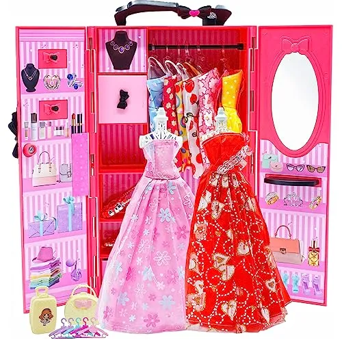 102 Pcs Doll Clothes and Accessories, Fashion Design Kit for Doll with 11.5 Inch Closet Including Wedding Gown Party Dresses Slip Dresses Bikini Swimsuit Top&Pant Shoes, Gift for Girl Age 5 6 7 8 9 10