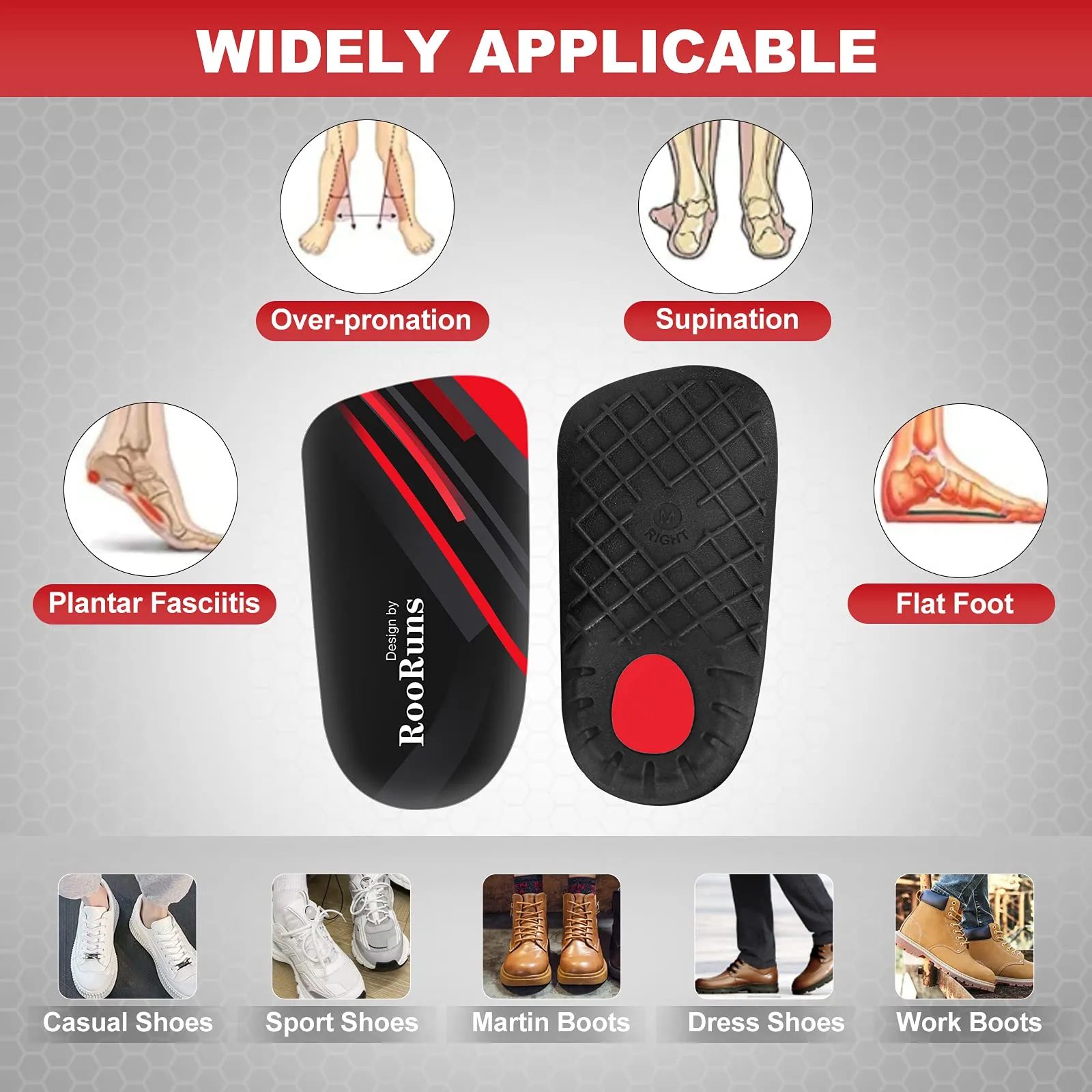 330  lbs Plantar Fasciitis Insoles, 3/4 Length High Arch Support Orthotic Inserts for Women & Men Heel Pain, Flat Feet,Heavy Duty Strong Support Pain Relief for Walking Running Black Red L/Men's 9-11, Women's 10-12