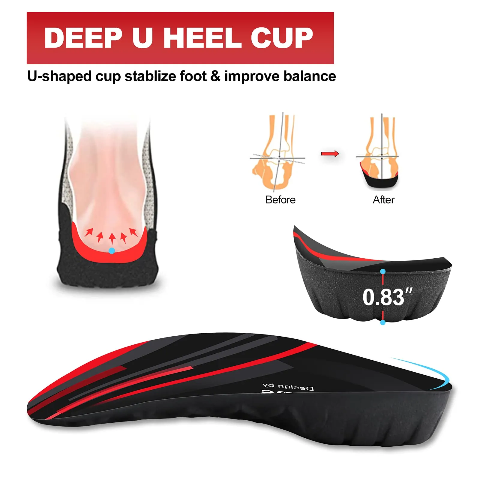 330  lbs Plantar Fasciitis Insoles, 3/4 Length High Arch Support Orthotic Inserts for Women & Men Heel Pain, Flat Feet,Heavy Duty Strong Support Pain Relief for Walking Running Black Red L/Men's 9-11, Women's 10-12