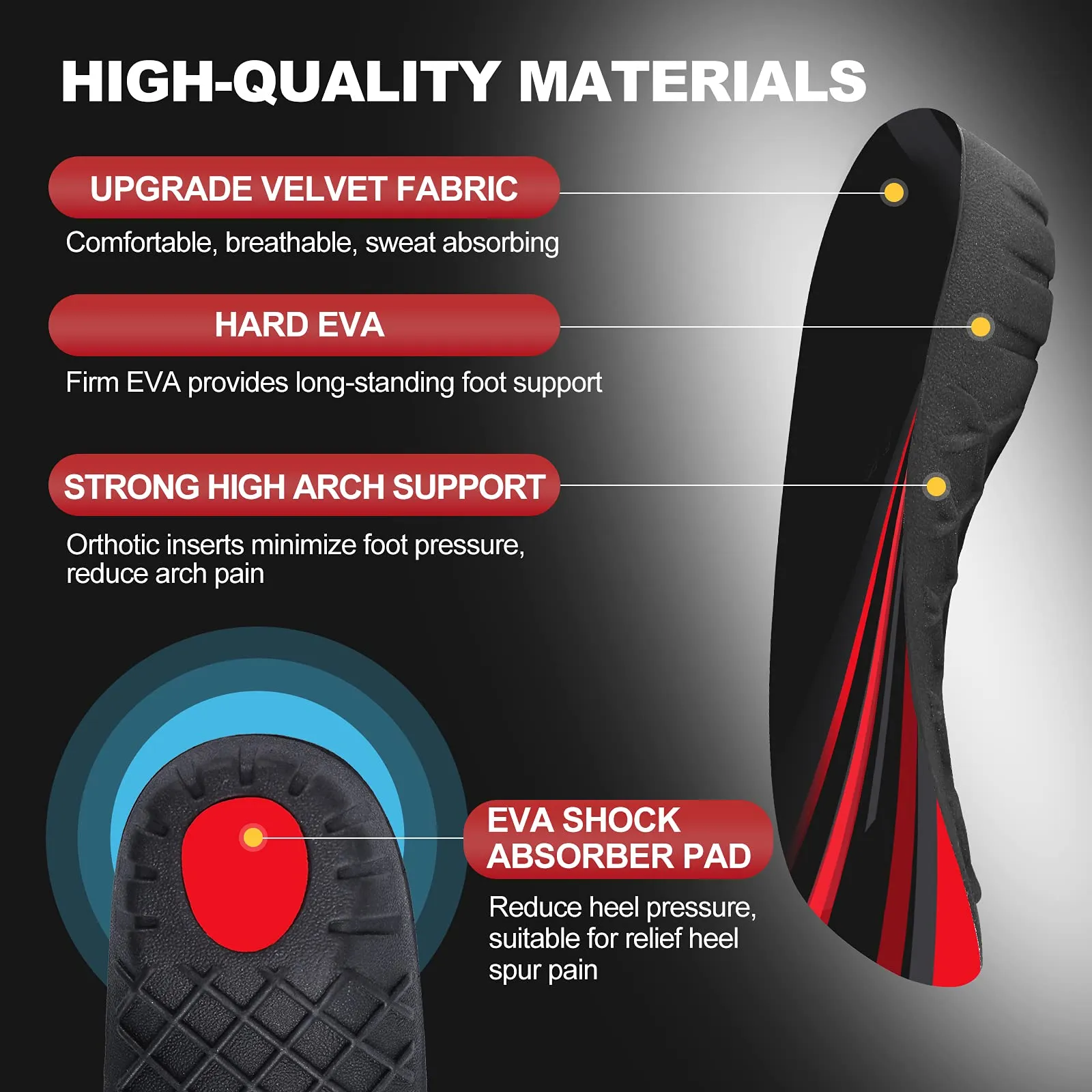 330  lbs Plantar Fasciitis Insoles, 3/4 Length High Arch Support Orthotic Inserts for Women & Men Heel Pain, Flat Feet,Heavy Duty Strong Support Pain Relief for Walking Running Black Red L/Men's 9-11, Women's 10-12