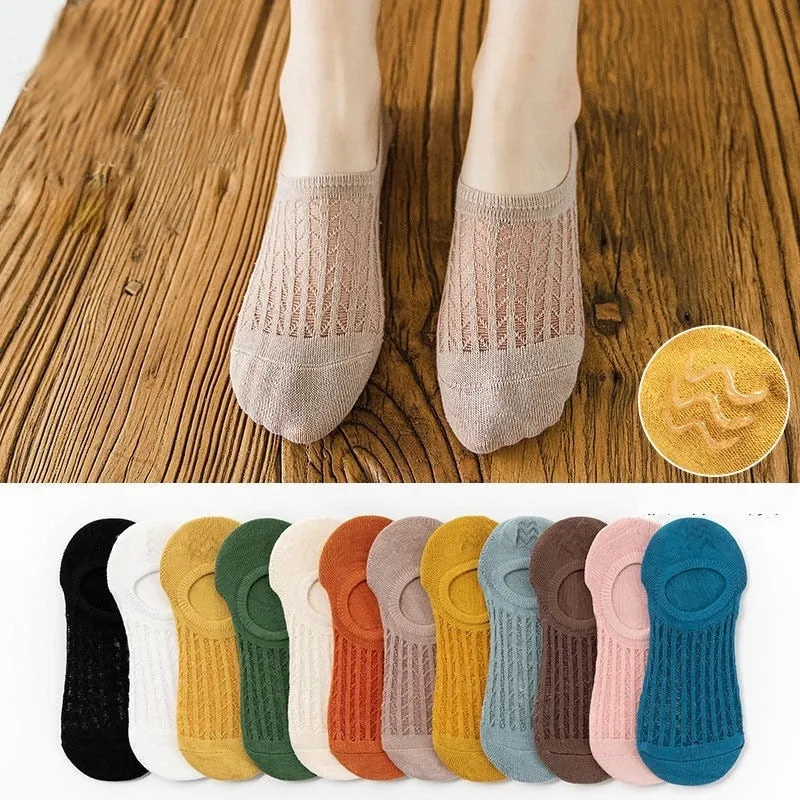 5 Pairs Women Non-Slip Invisible Cotton Sports Boat Socks, Ankle Low Invisible No Show Socks