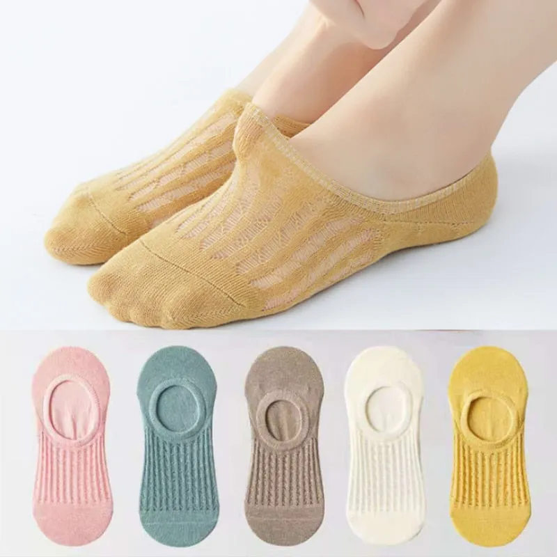 5 Pairs Women Non-Slip Invisible Cotton Sports Boat Socks, Ankle Low Invisible No Show Socks
