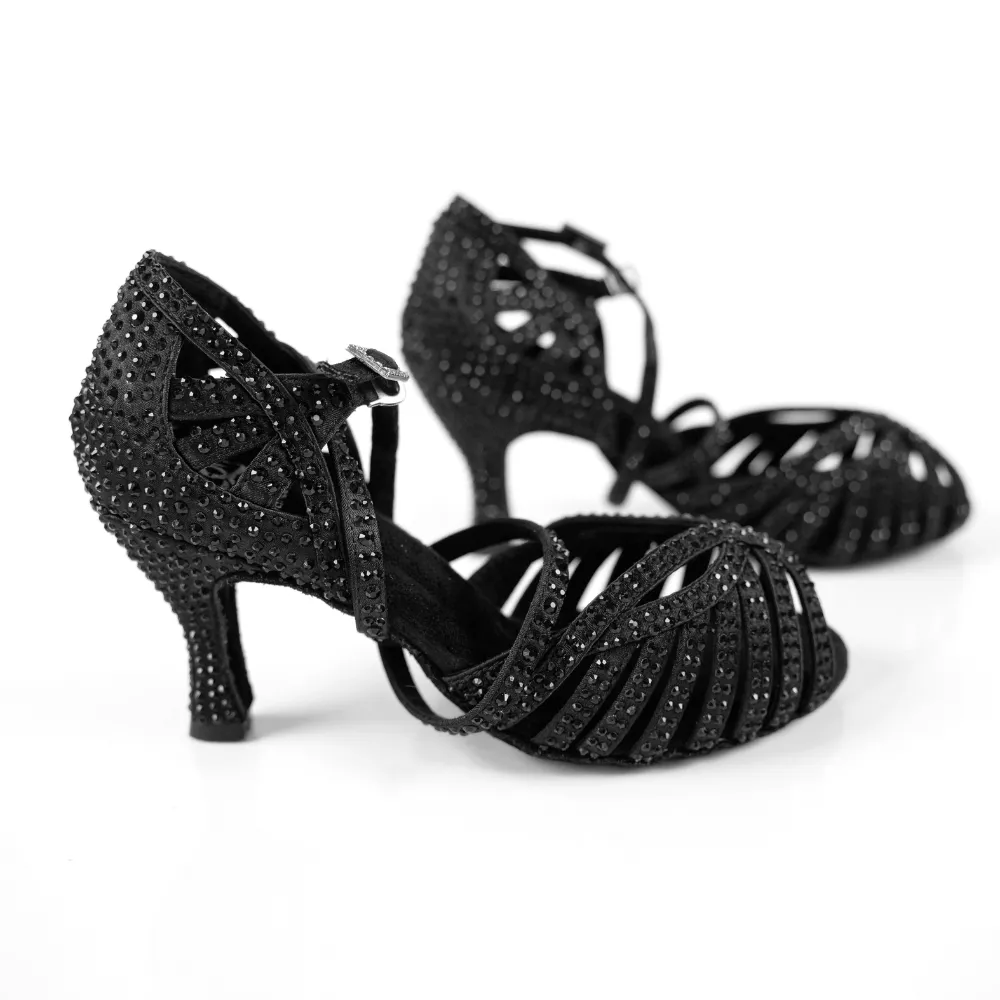 Abelia Black Rhinestone Double Padded Latin Dance Shoes (Suede Sole)