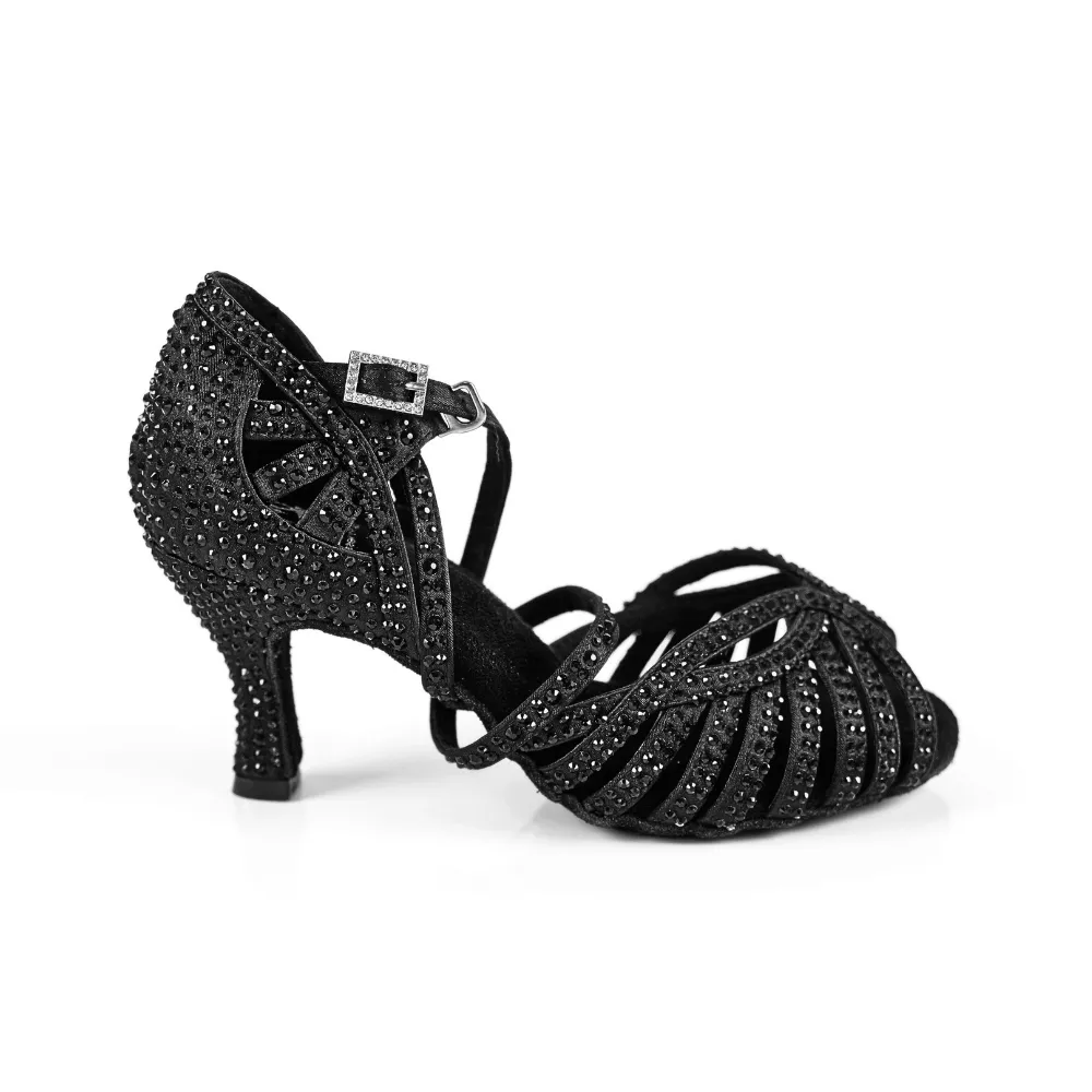 Abelia Black Rhinestone Double Padded Latin Dance Shoes (Suede Sole)