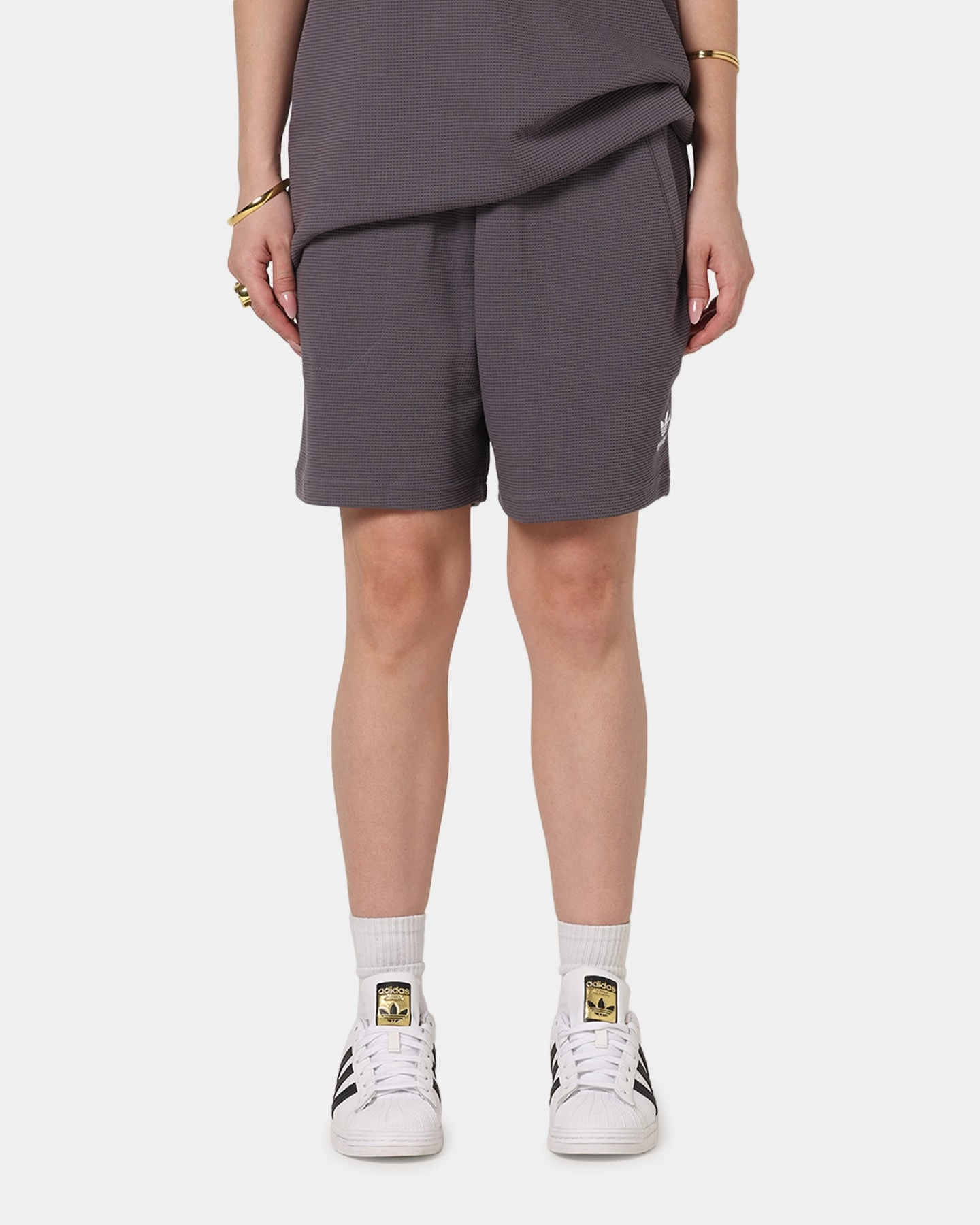Adidas Trefoil Essentials Waffle Shorts Grey Strata Flat waistband Casual Performance