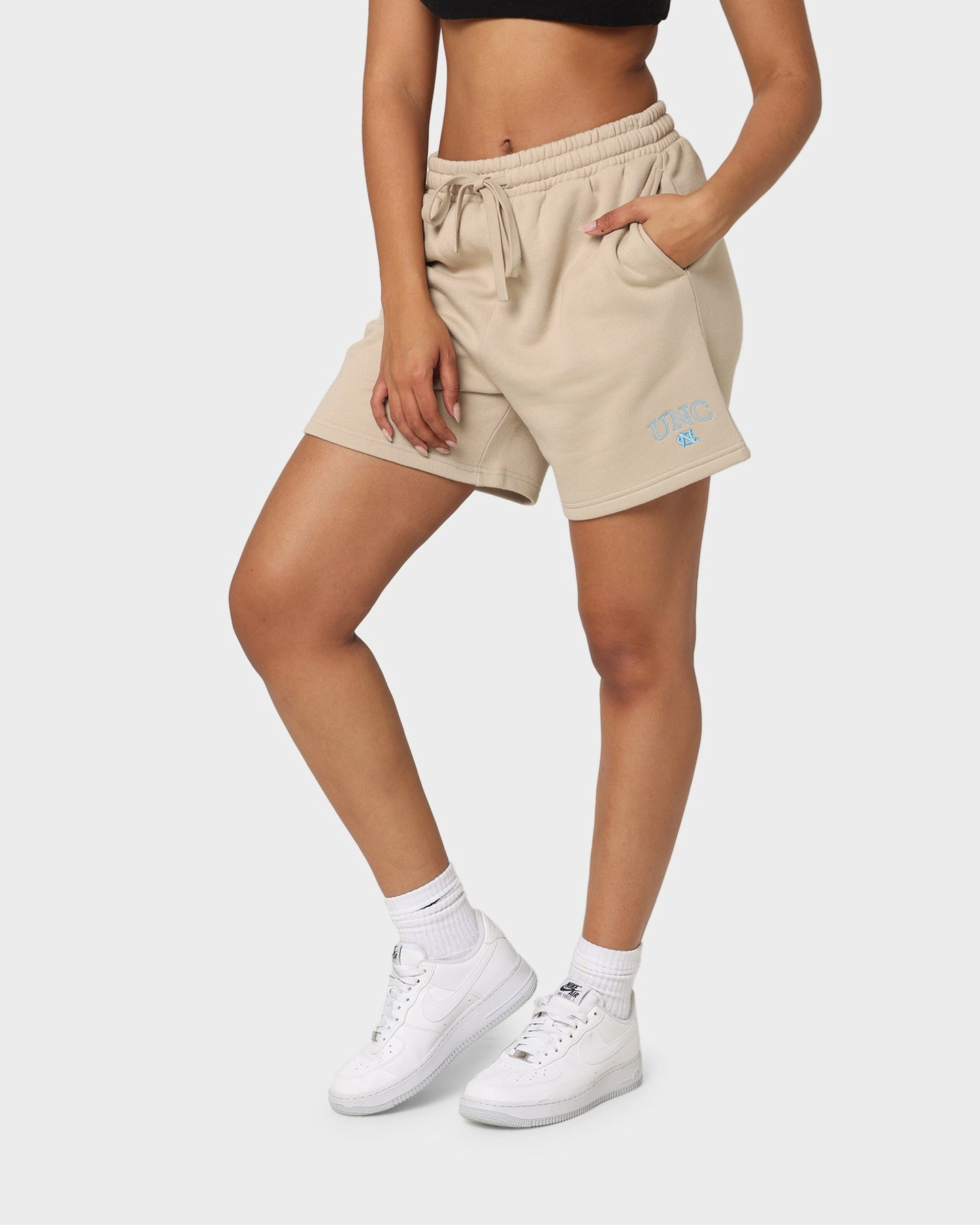 SecureCargoPockets National Collegiate Athletic Association Women's UNC Tar Heels Vintage Embroidered High Waisted Shorts Clay