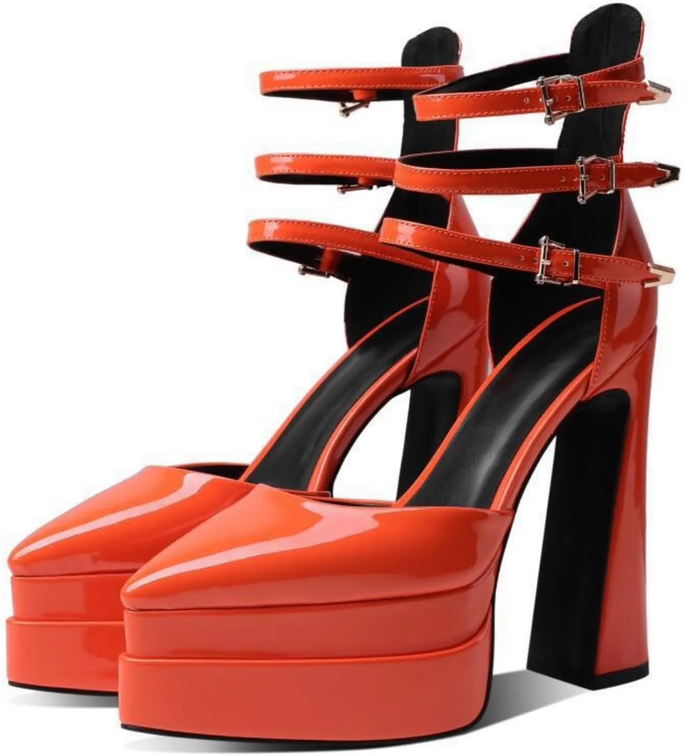 Aflngle Women's Platform Chunky Heel Sandals Sexy Pointed Closed Toe Ankle Strap Buckle Patent Leather High Heels Dress Pumps Shoes