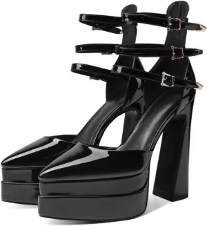 Aflngle Women's Platform Chunky Heel Sandals Sexy Pointed Closed Toe Ankle Strap Buckle Patent Leather High Heels Dress Pumps Shoes