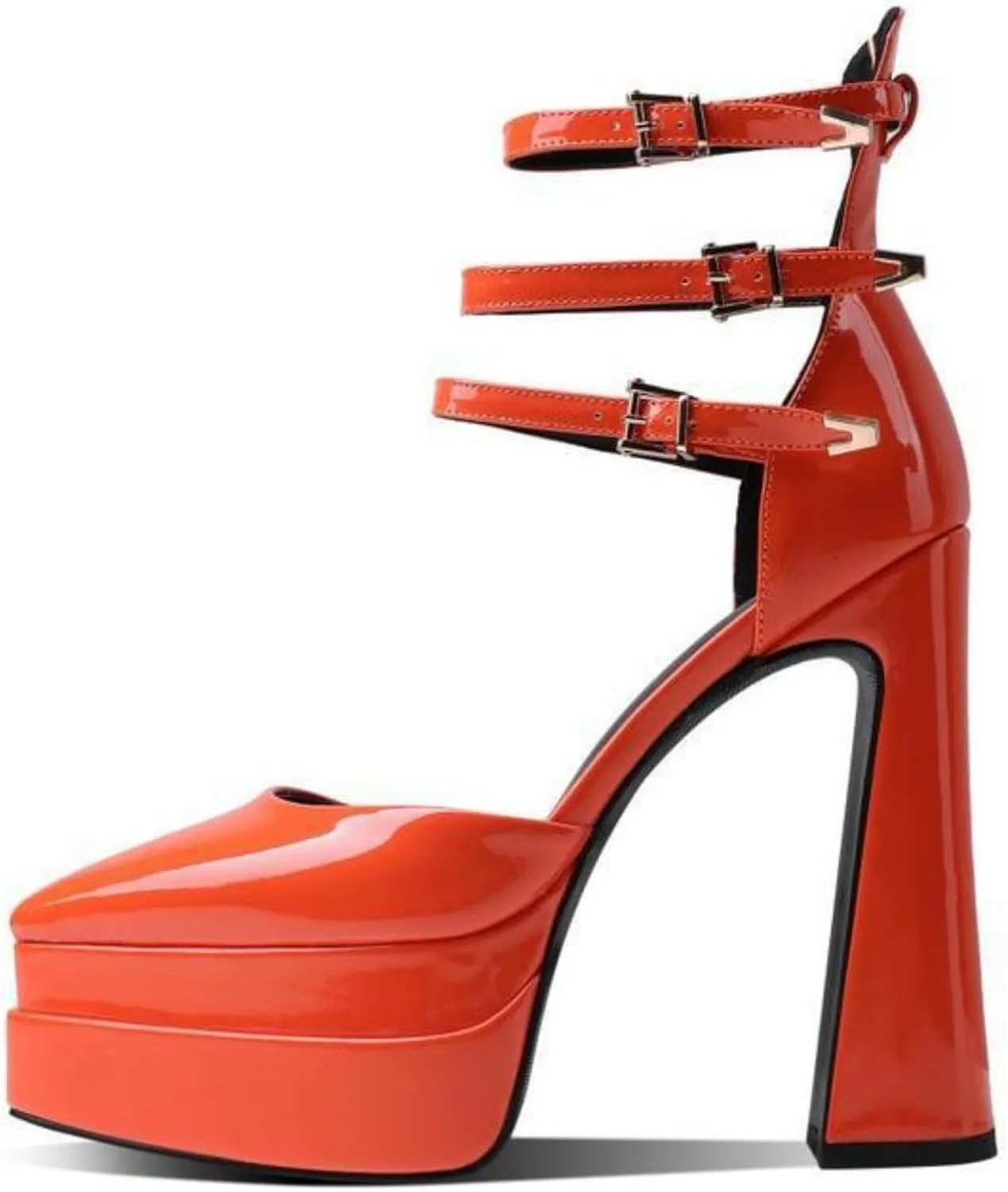 Aflngle Women's Platform Chunky Heel Sandals Sexy Pointed Closed Toe Ankle Strap Buckle Patent Leather High Heels Dress Pumps Shoes