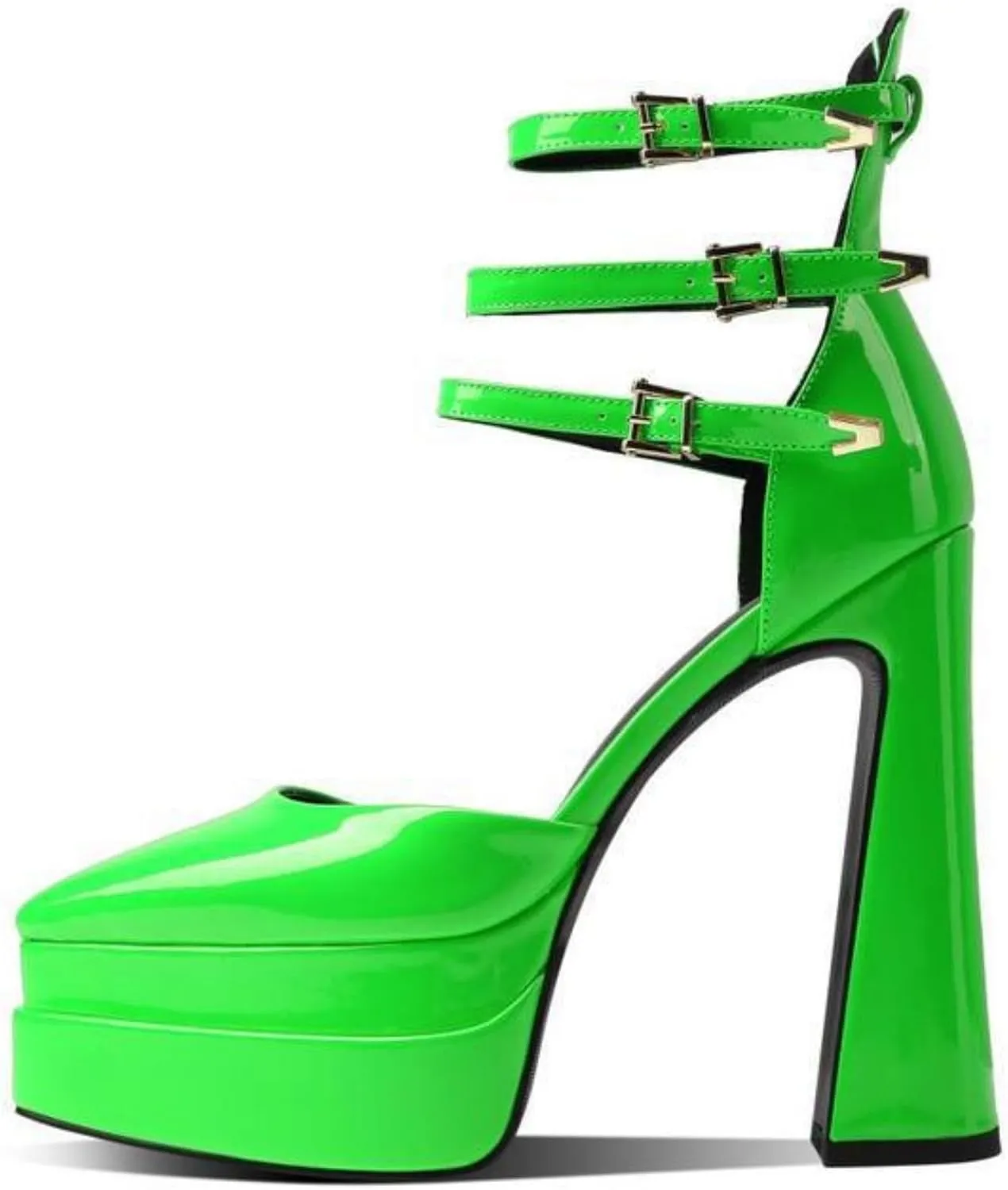 Aflngle Women's Platform Chunky Heel Sandals Sexy Pointed Closed Toe Ankle Strap Buckle Patent Leather High Heels Dress Pumps Shoes