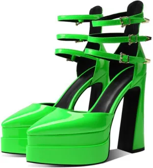 Aflngle Women's Platform Chunky Heel Sandals Sexy Pointed Closed Toe Ankle Strap Buckle Patent Leather High Heels Dress Pumps Shoes