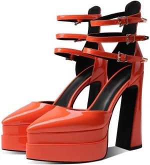 Aflngle Women's Platform Chunky Heel Sandals Sexy Pointed Closed Toe Ankle Strap Buckle Patent Leather High Heels Dress Pumps Shoes