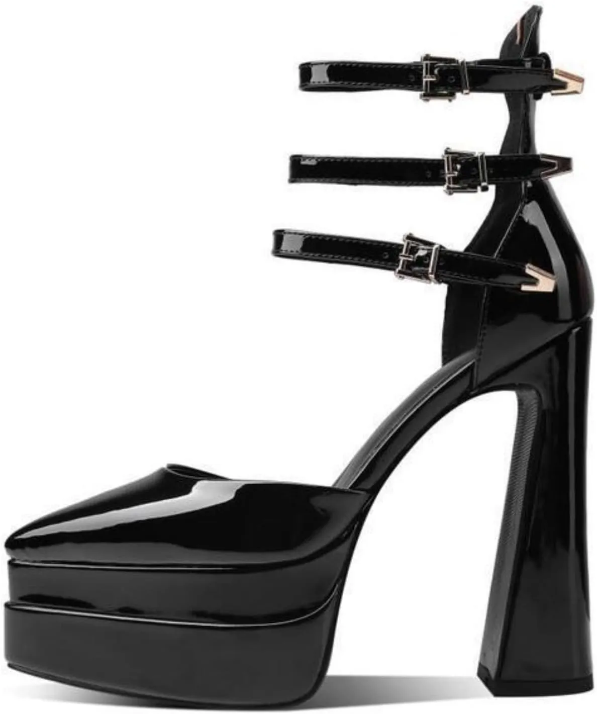 Aflngle Women's Platform Chunky Heel Sandals Sexy Pointed Closed Toe Ankle Strap Buckle Patent Leather High Heels Dress Pumps Shoes