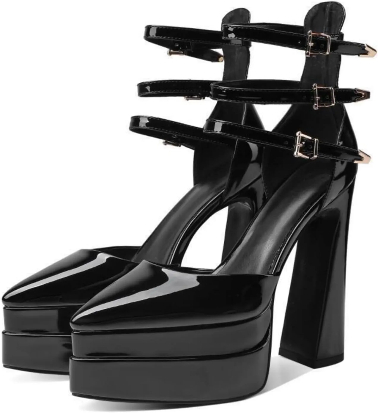 Aflngle Women's Platform Chunky Heel Sandals Sexy Pointed Closed Toe Ankle Strap Buckle Patent Leather High Heels Dress Pumps Shoes