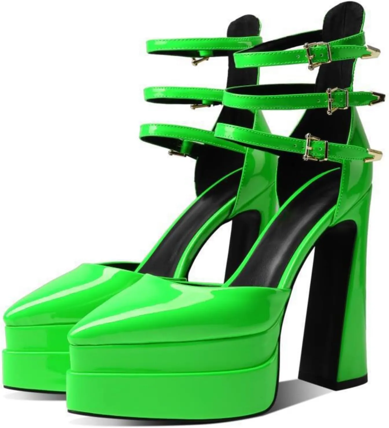 Aflngle Women's Platform Chunky Heel Sandals Sexy Pointed Closed Toe Ankle Strap Buckle Patent Leather High Heels Dress Pumps Shoes