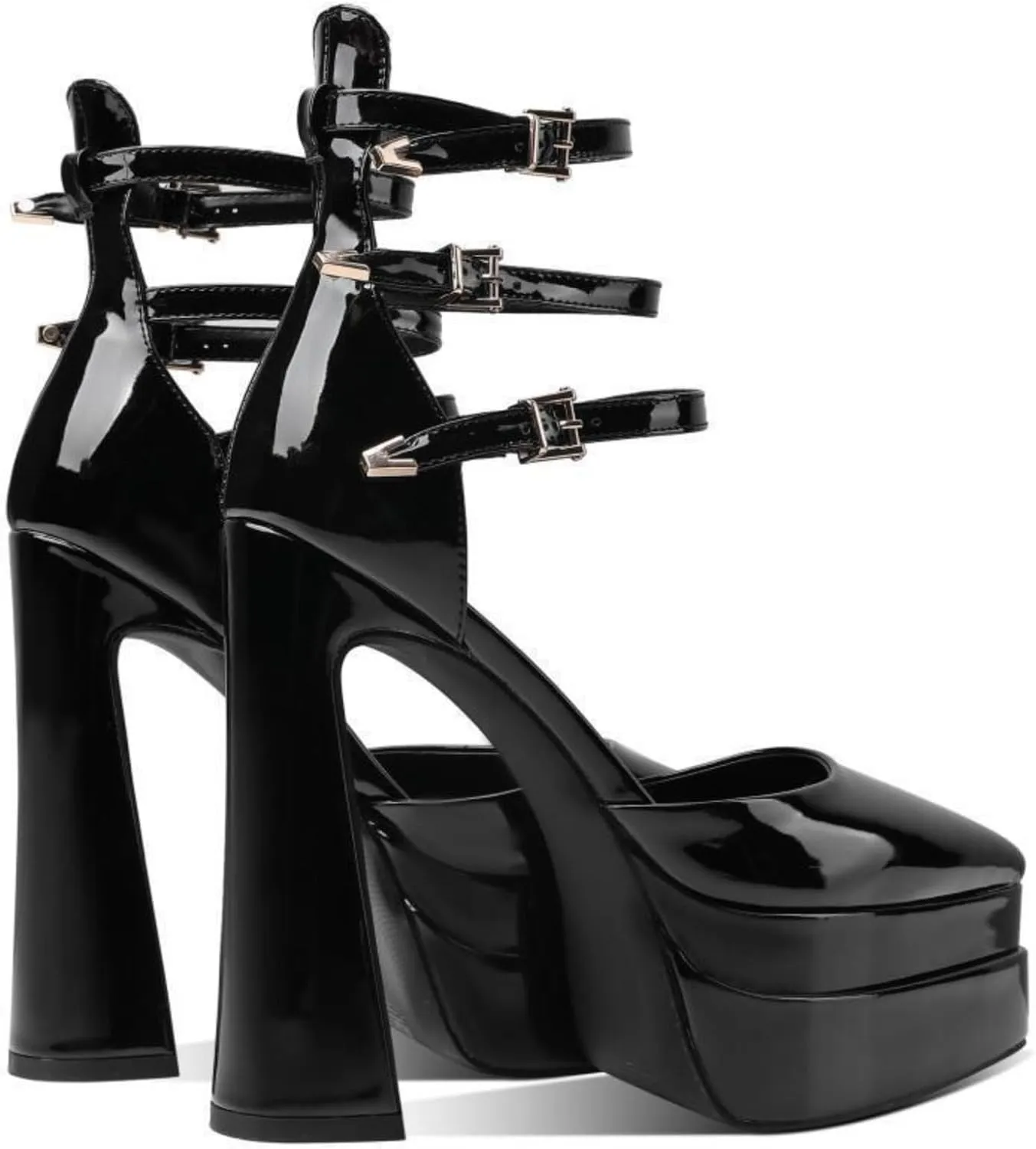 Aflngle Women's Platform Chunky Heel Sandals Sexy Pointed Closed Toe Ankle Strap Buckle Patent Leather High Heels Dress Pumps Shoes