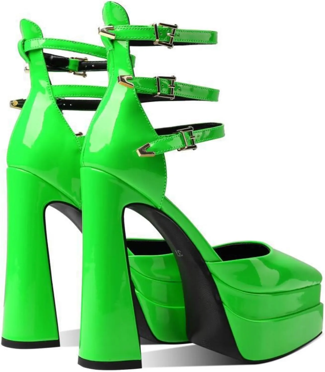 Aflngle Women's Platform Chunky Heel Sandals Sexy Pointed Closed Toe Ankle Strap Buckle Patent Leather High Heels Dress Pumps Shoes