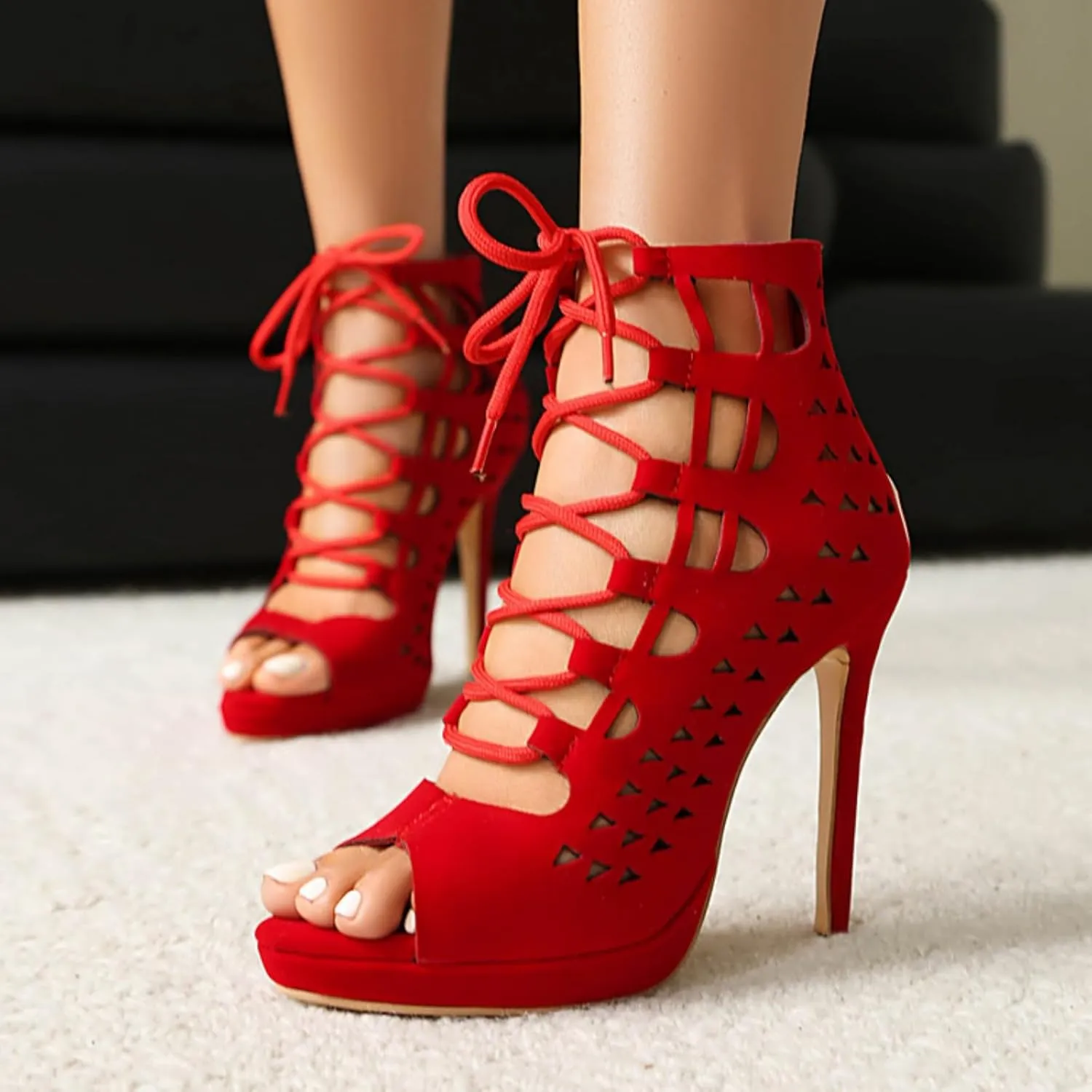 Aflngle Women's Platform Lace-Up Stiletto High Heels Sandals Sexy Pointed Open Toe Hollow Out Back Zipper Gladiator Roma Sandal Shoes Comfortable Non-Slip Wedding Evening Party Dress Pumps