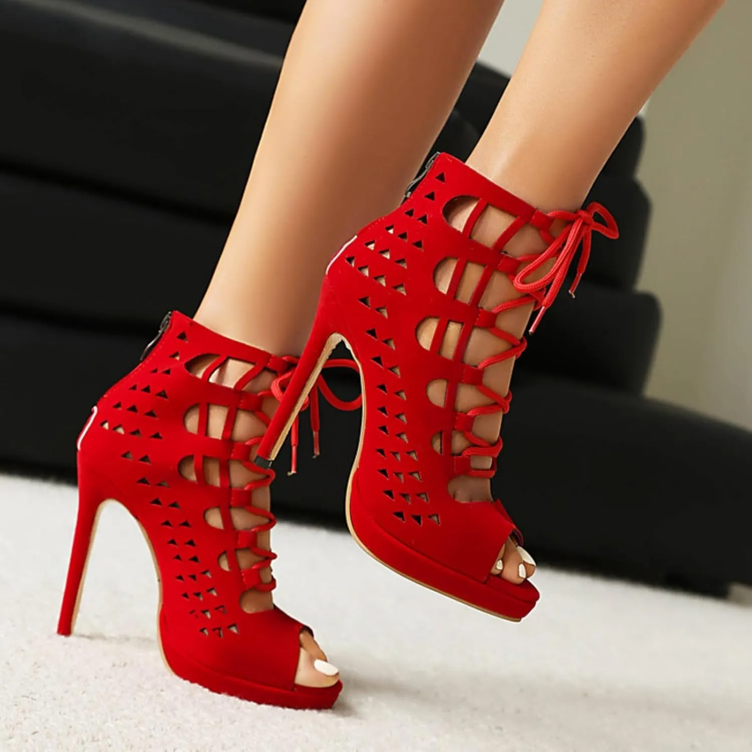 Aflngle Women's Platform Lace-Up Stiletto High Heels Sandals Sexy Pointed Open Toe Hollow Out Back Zipper Gladiator Roma Sandal Shoes Comfortable Non-Slip Wedding Evening Party Dress Pumps