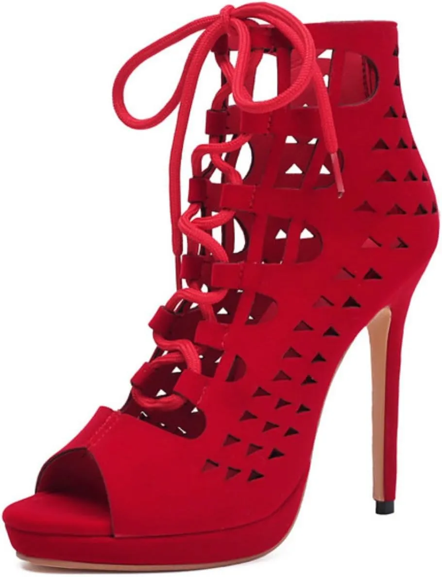 Aflngle Women's Platform Lace-Up Stiletto High Heels Sandals Sexy Pointed Open Toe Hollow Out Back Zipper Gladiator Roma Sandal Shoes Comfortable Non-Slip Wedding Evening Party Dress Pumps