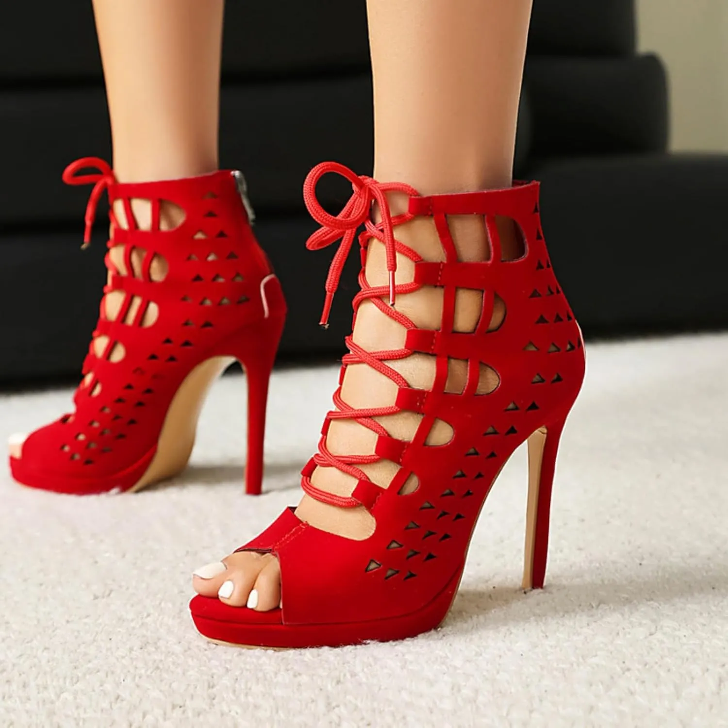 Aflngle Women's Platform Lace-Up Stiletto High Heels Sandals Sexy Pointed Open Toe Hollow Out Back Zipper Gladiator Roma Sandal Shoes Comfortable Non-Slip Wedding Evening Party Dress Pumps