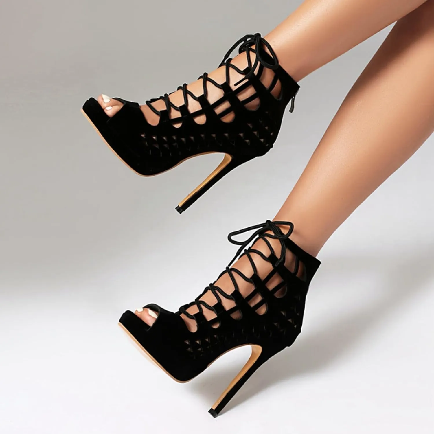 Aflngle Women's Platform Lace-Up Stiletto High Heels Sandals Sexy Pointed Open Toe Hollow Out Back Zipper Gladiator Roma Sandal Shoes Comfortable Non-Slip Wedding Evening Party Dress Pumps