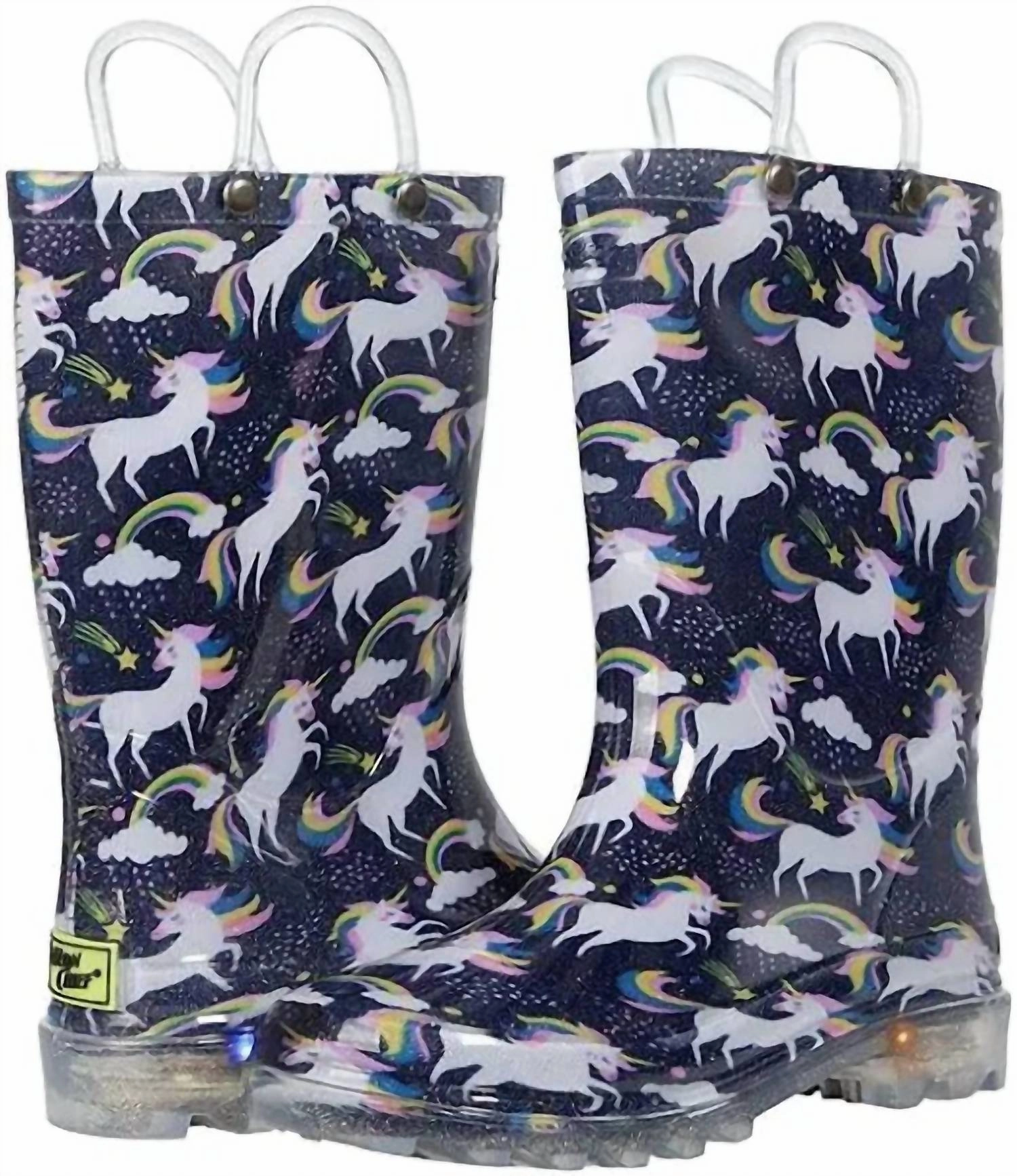 Girl's Light Up Unicorn Rain Boots In Purple Neutral Colorway Woven Reinforcement