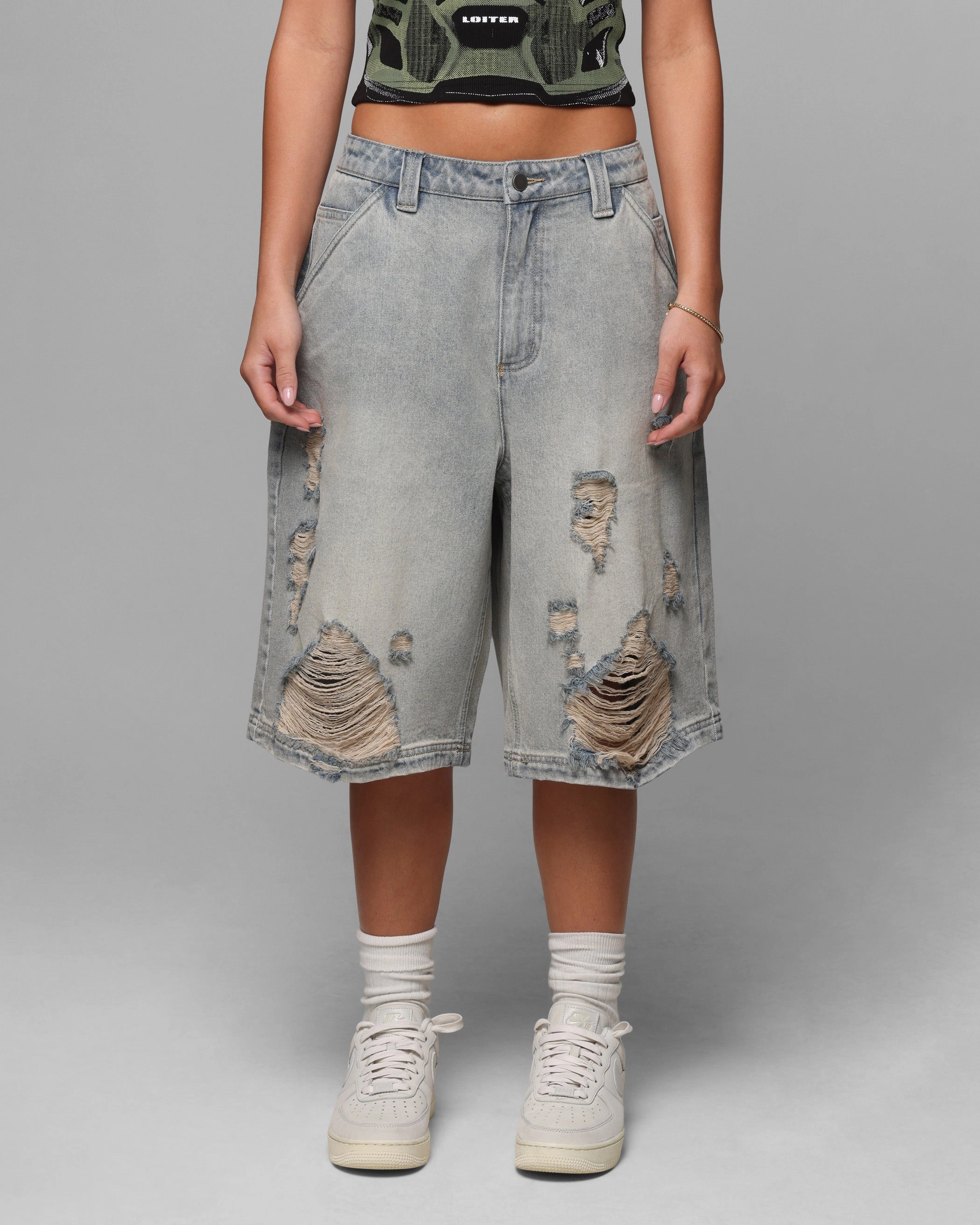 Loiter Collateral Distressed Jorts Vintage Blue Sporty Chic Casual Active
