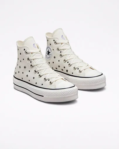 BreathableMesh Converse sneakers alta in canvas con zeppa Chuck Taylor All Star Lift Platform Embroidered Stars A03724C egret-black