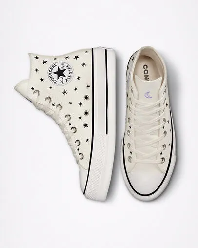 Elastic Lace Technology evening jog Converse sneakers alta in canvas con zeppa Chuck Taylor All Star Lift Platform Embroidered Stars A03724C egret-black