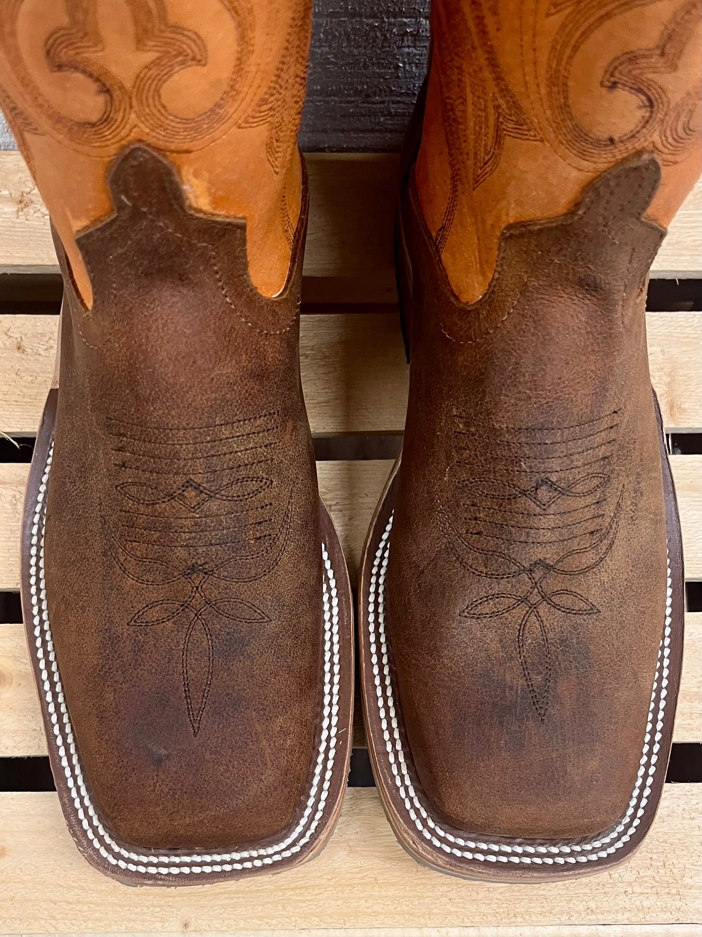 Anderson Bean Men's Brown Saddle Elk Leather & Orange Top Square Toe Crepe Sole Cowboy Boots 336979