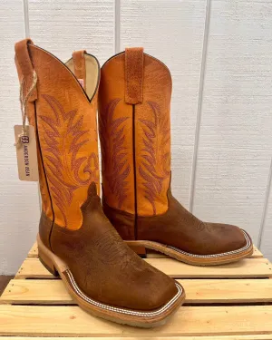 Anderson Bean Men's Brown Saddle Elk Leather & Orange Top Square Toe Crepe Sole Cowboy Boots 336979