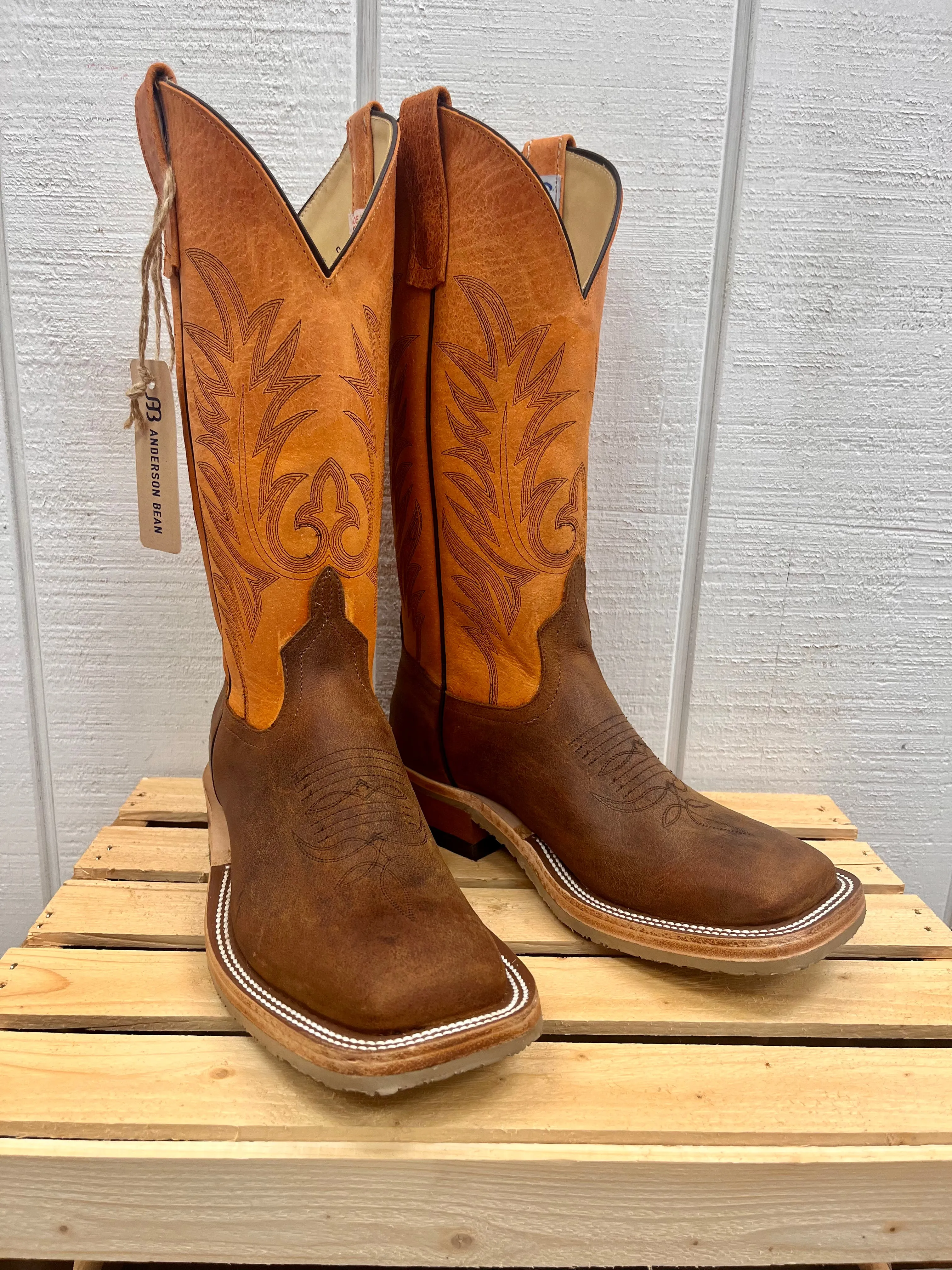 Anderson Bean Men's Brown Saddle Elk Leather & Orange Top Square Toe Crepe Sole Cowboy Boots 336979