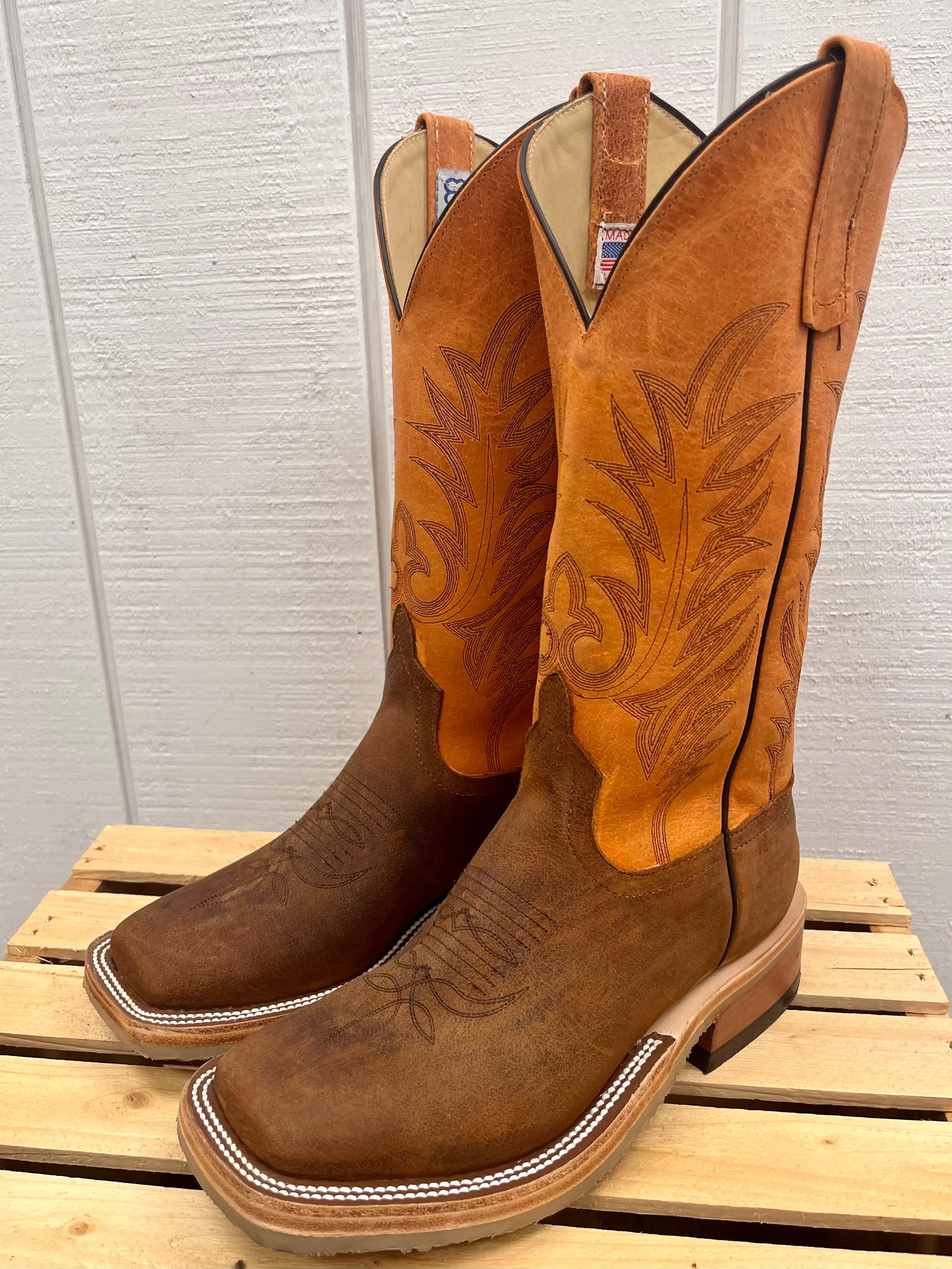 Anderson Bean Men's Brown Saddle Elk Leather & Orange Top Square Toe Crepe Sole Cowboy Boots 336979