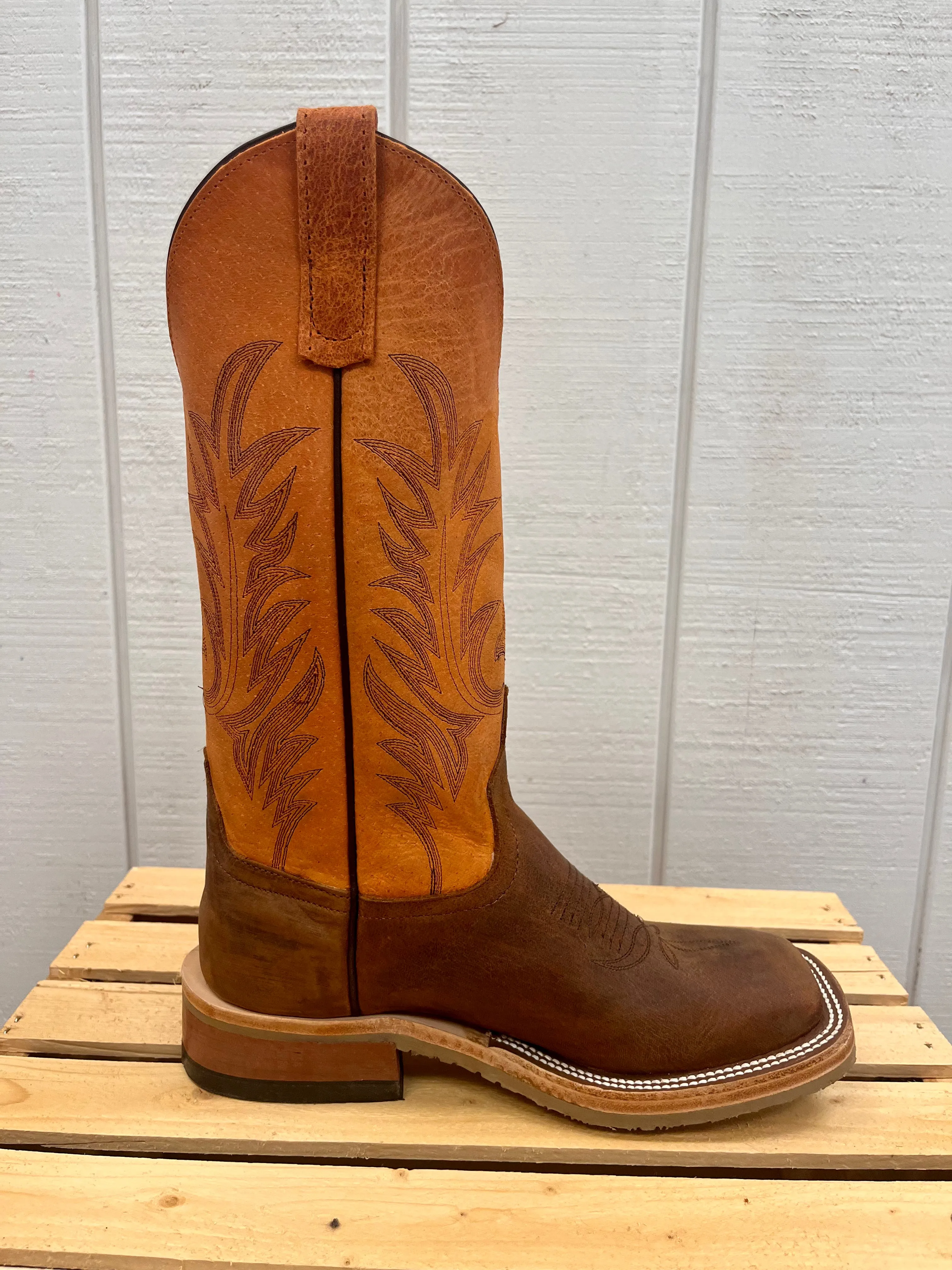 Anderson Bean Men's Brown Saddle Elk Leather & Orange Top Square Toe Crepe Sole Cowboy Boots 336979