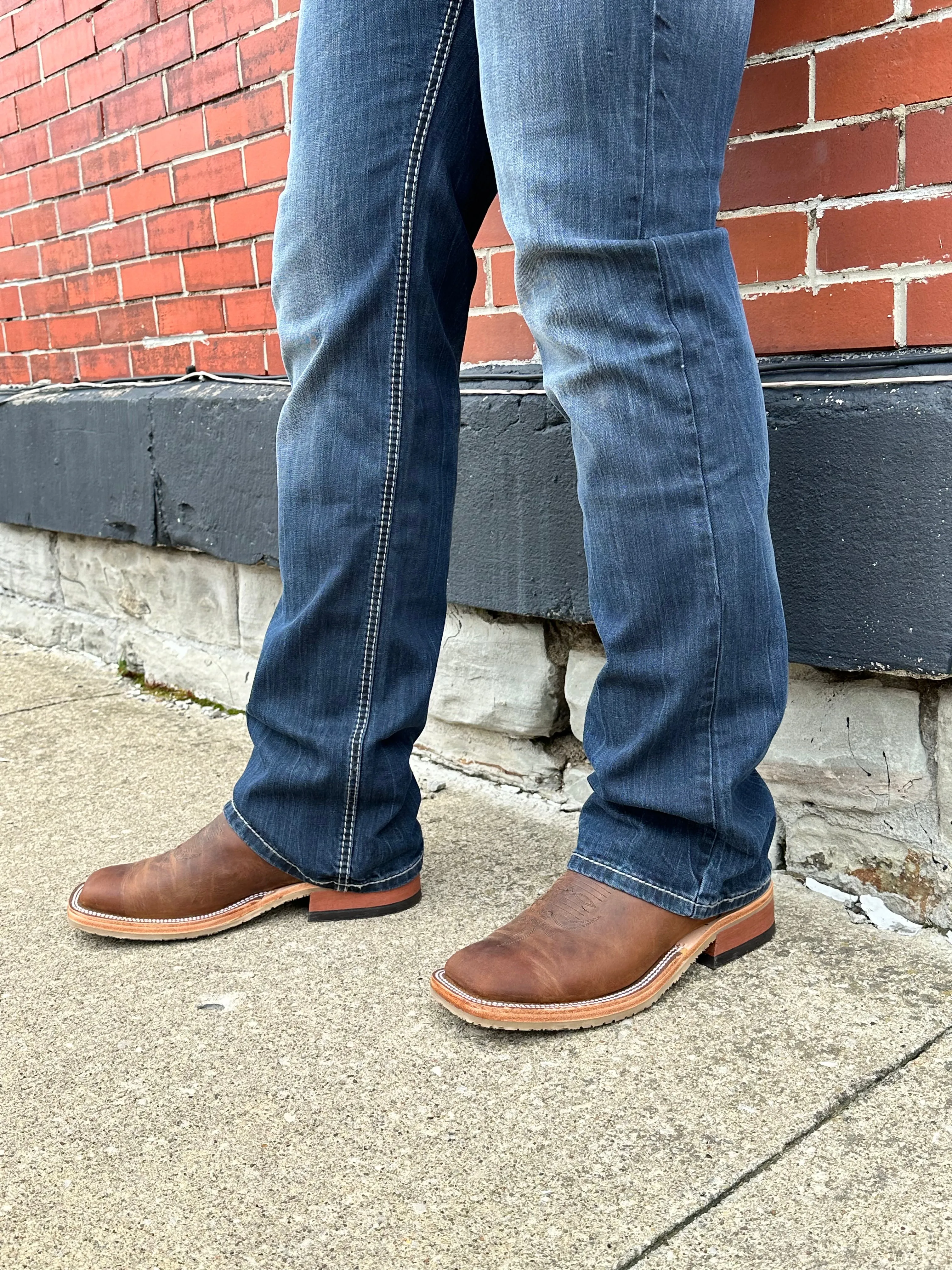 Anderson Bean Men's Brown Saddle Elk Leather & Orange Top Square Toe Crepe Sole Cowboy Boots 336979