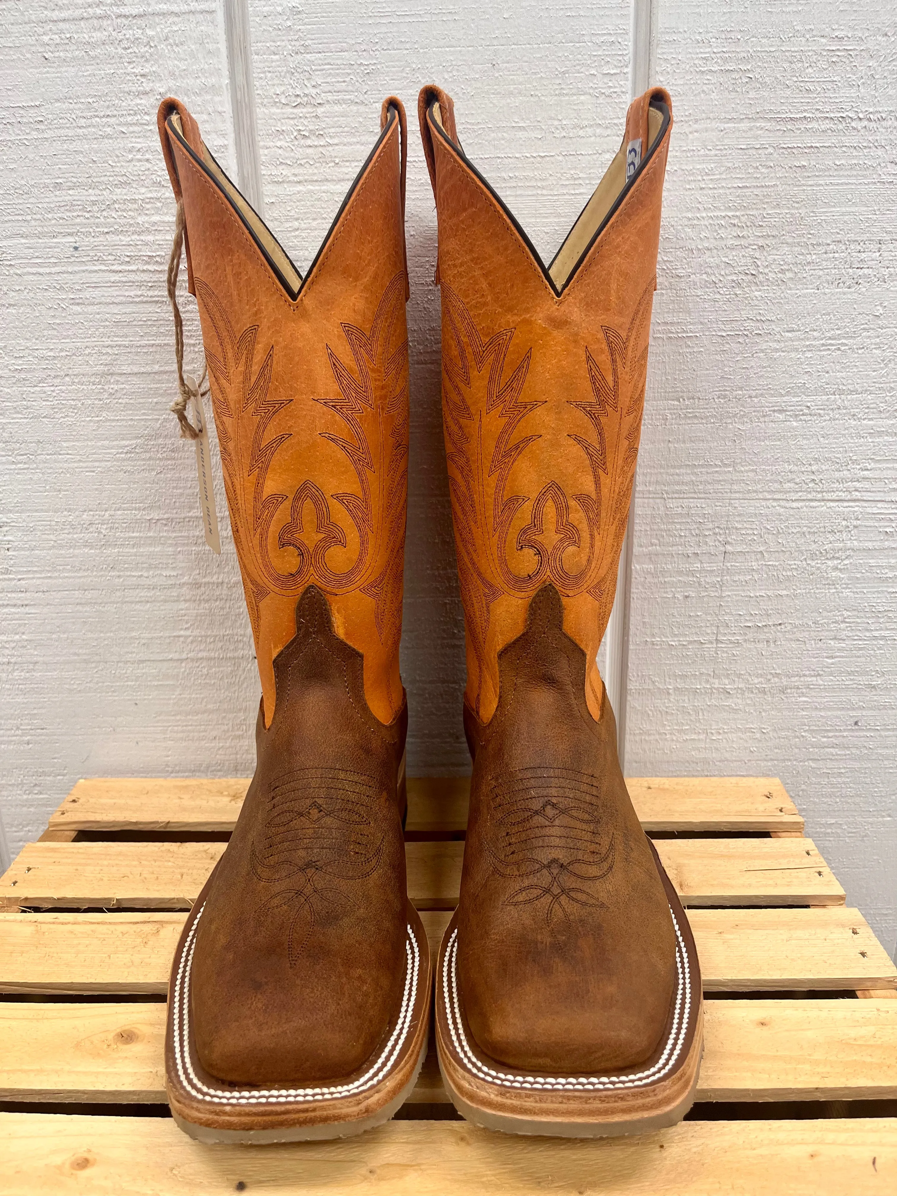 Anderson Bean Men's Brown Saddle Elk Leather & Orange Top Square Toe Crepe Sole Cowboy Boots 336979