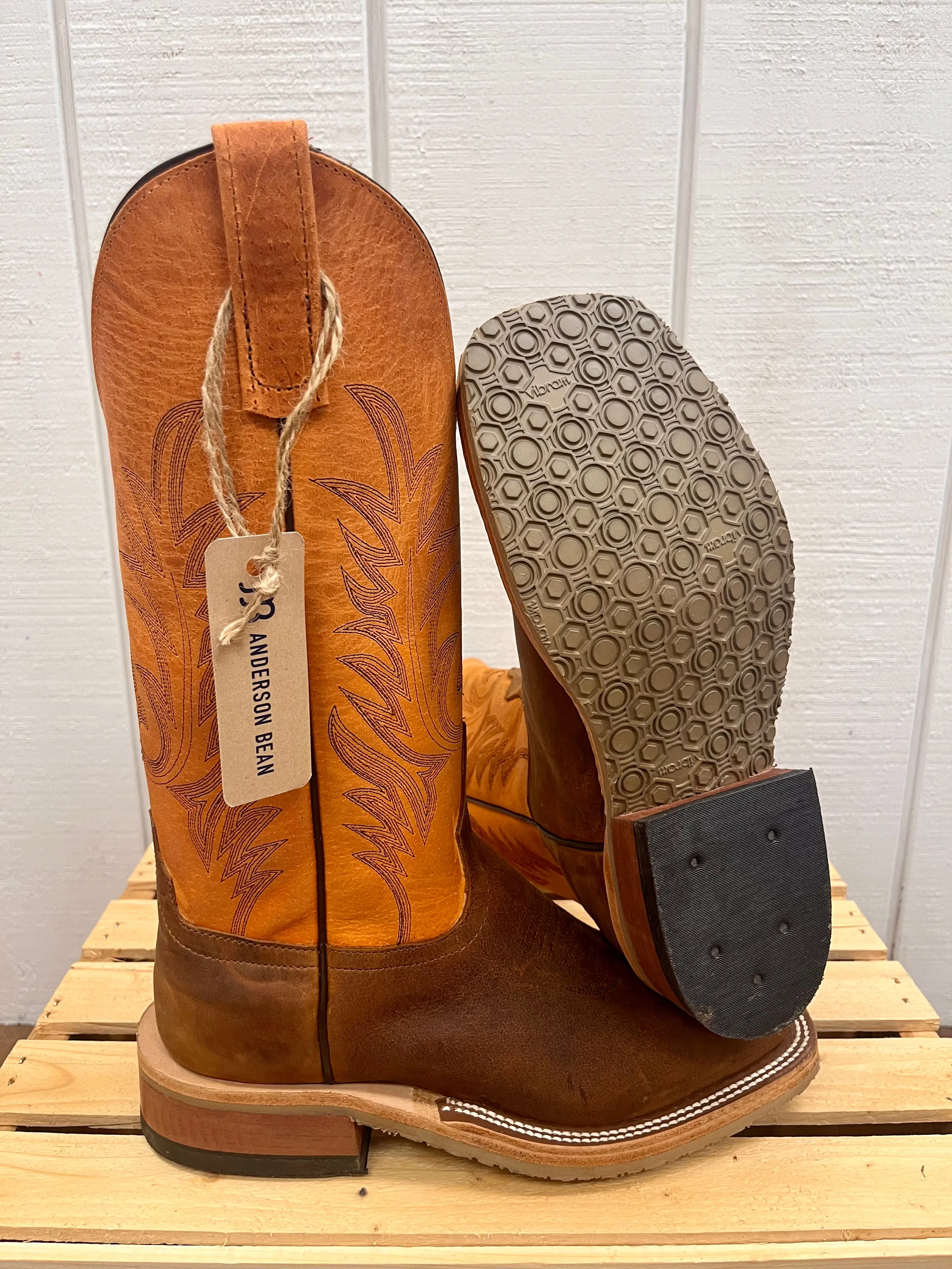 Anderson Bean Men's Brown Saddle Elk Leather & Orange Top Square Toe Crepe Sole Cowboy Boots 336979