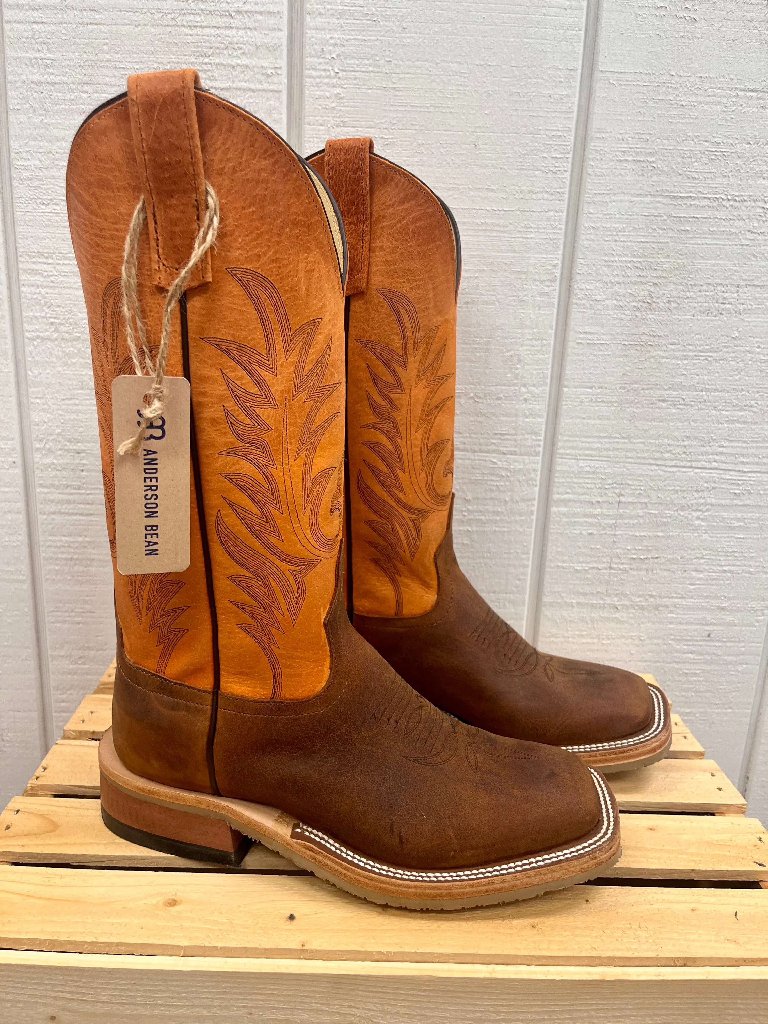 Anderson Bean Men's Brown Saddle Elk Leather & Orange Top Square Toe Crepe Sole Cowboy Boots 336979