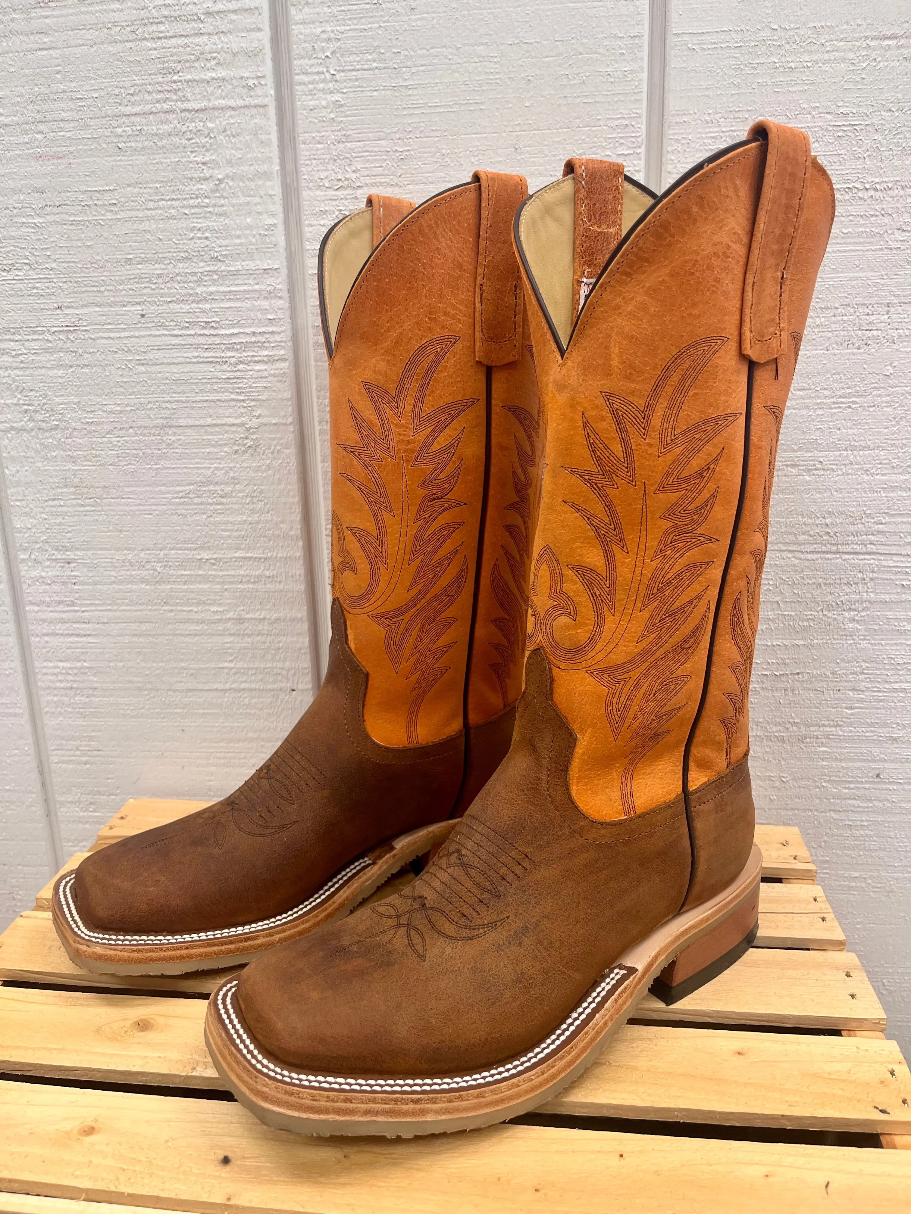 Anderson Bean Men's Brown Saddle Elk Leather & Orange Top Square Toe Crepe Sole Cowboy Boots 336979