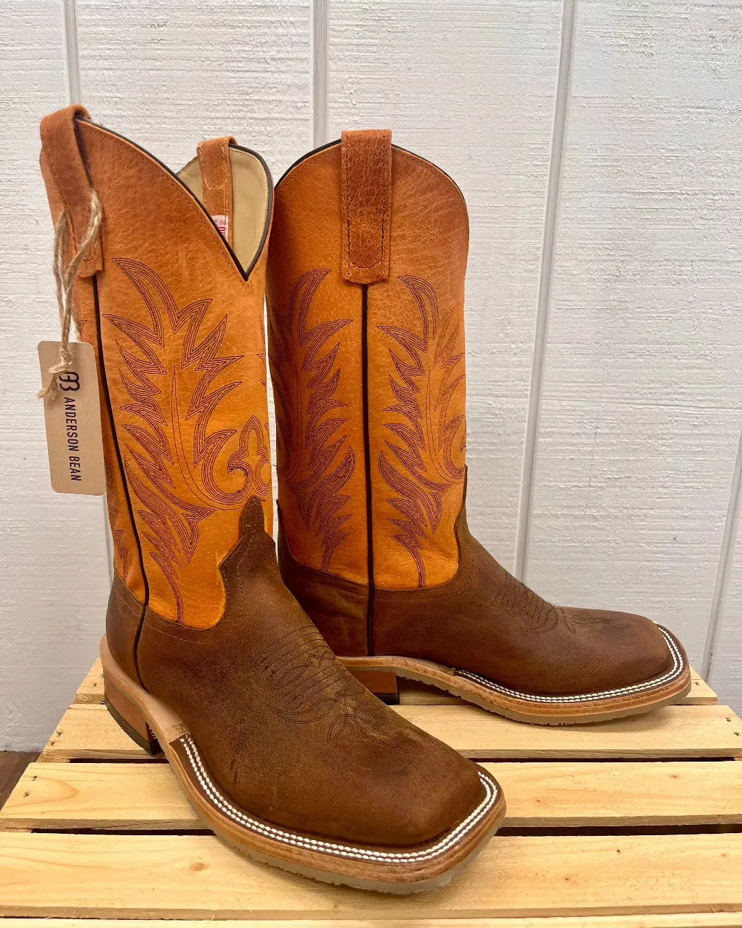 Anderson Bean Men's Brown Saddle Elk Leather & Orange Top Square Toe Crepe Sole Cowboy Boots 336979