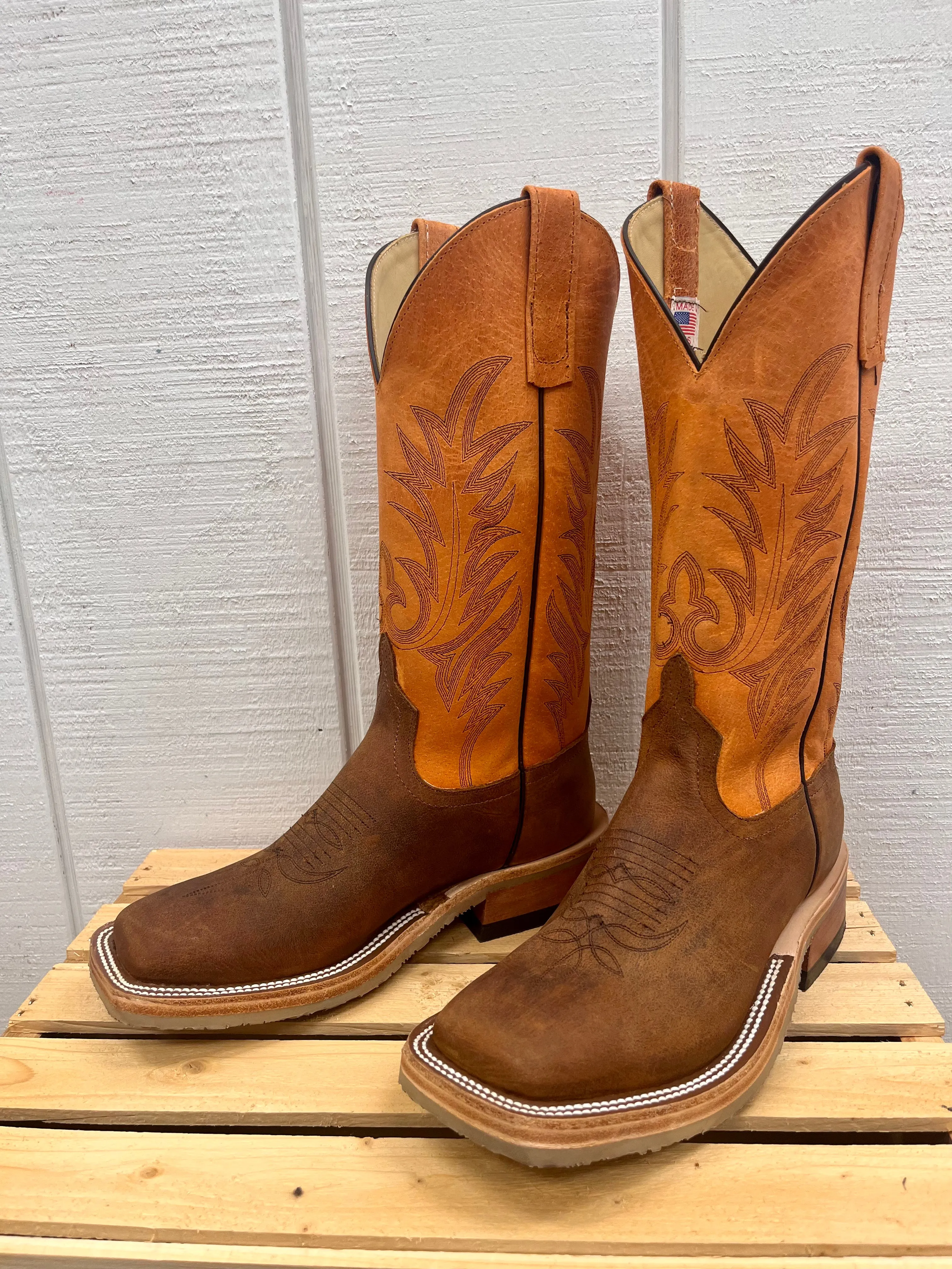 Anderson Bean Men's Brown Saddle Elk Leather & Orange Top Square Toe Crepe Sole Cowboy Boots 336979