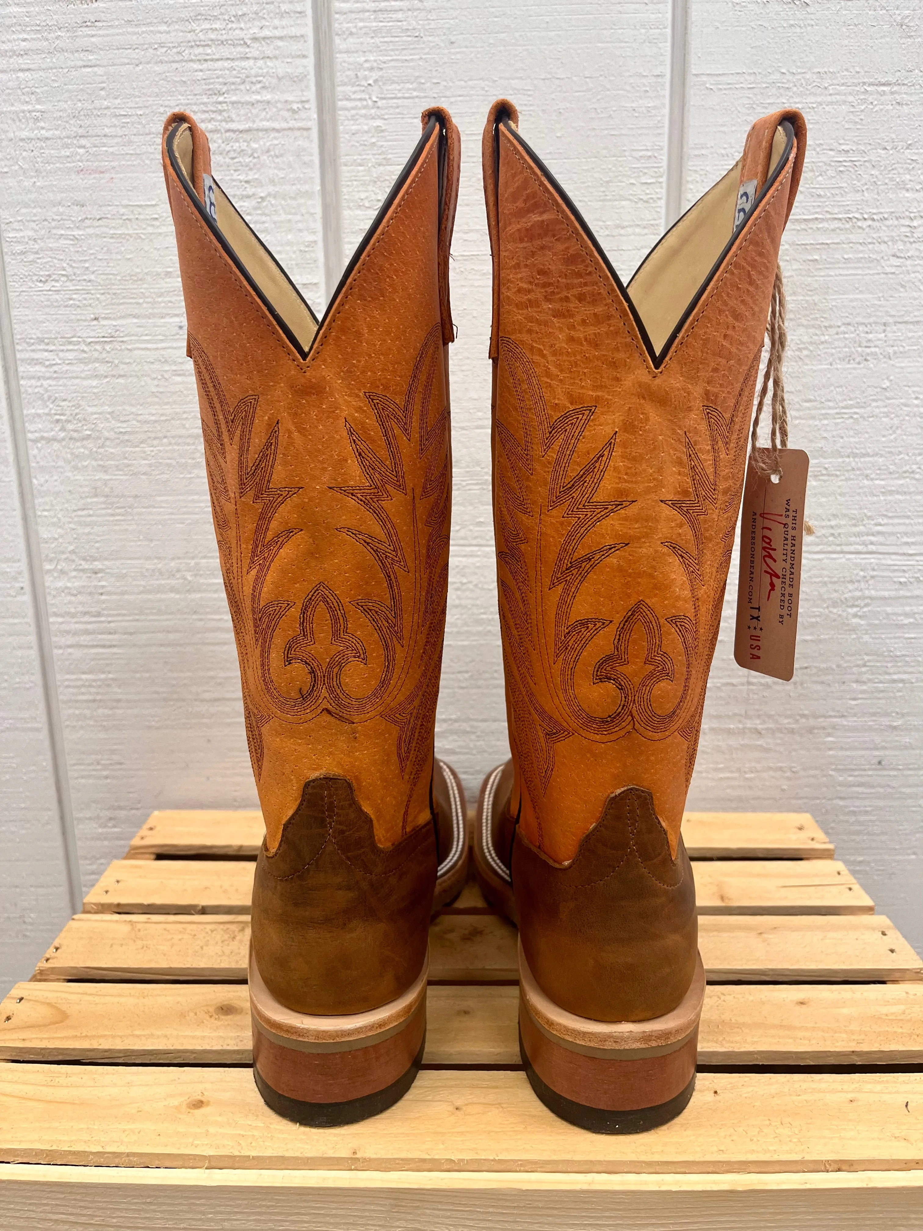 Anderson Bean Men's Brown Saddle Elk Leather & Orange Top Square Toe Crepe Sole Cowboy Boots 336979