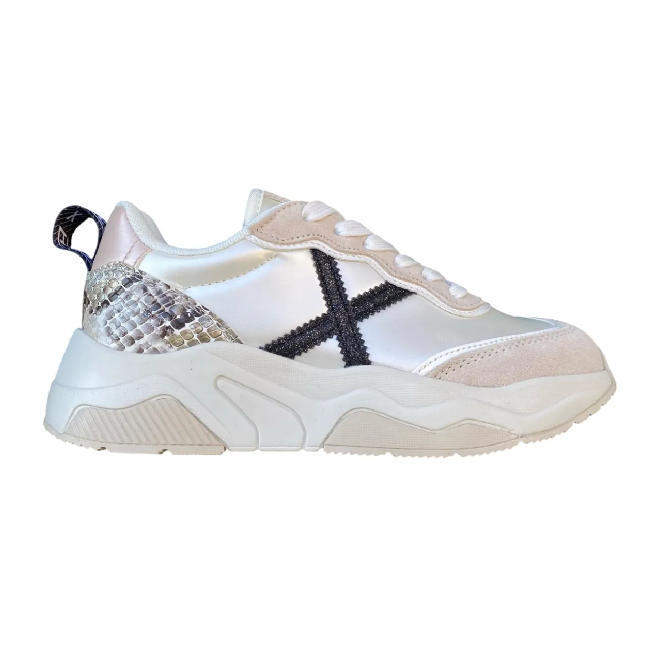 sporty shoe appeal Munich scarpa sneakers da donna con X glitter nera e tallone pitonato Wave 170 perla