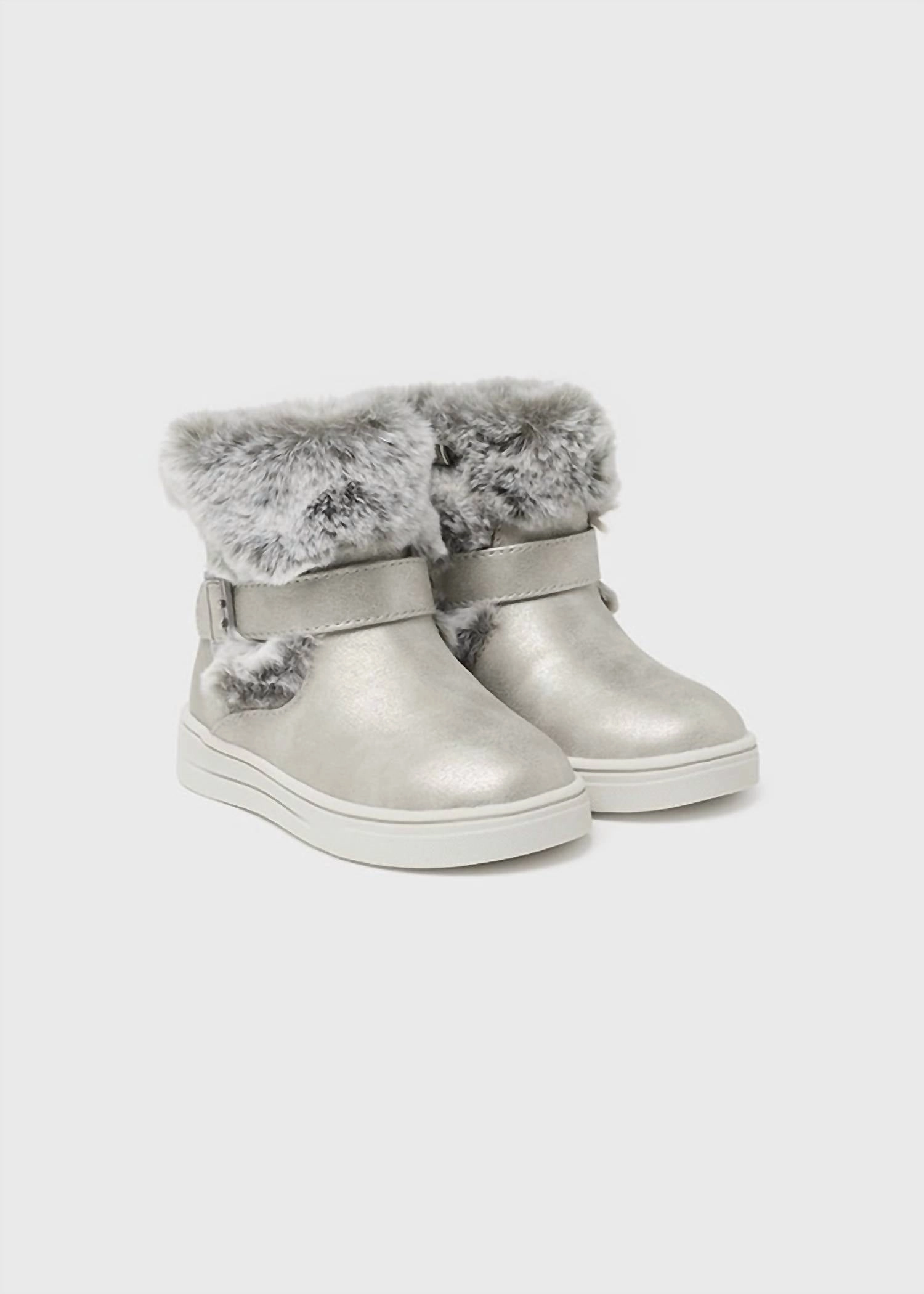 Kid's Faux Fur Detail Bootie In Silver Hyper Compression