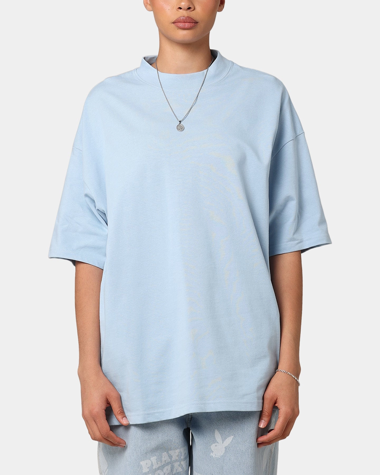 Comfortable Casual Embroidered Details Culture Kings Oversized Blank T-Shirt Light Blue