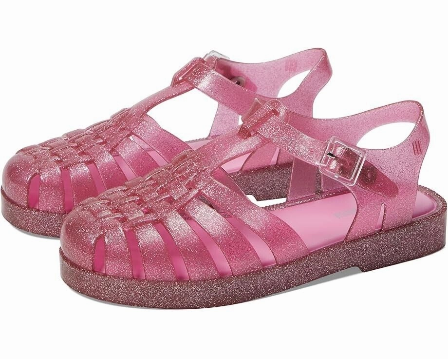 Mini Melissa Possession Shiny Sandals Kids US 2 Glitter Pink Cutout Ankle KHD158 Flexible Arch