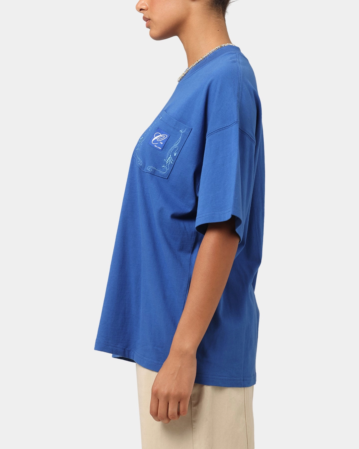 Long Sleeve Carre Floral Pocket Oversized T-Shirt Blue