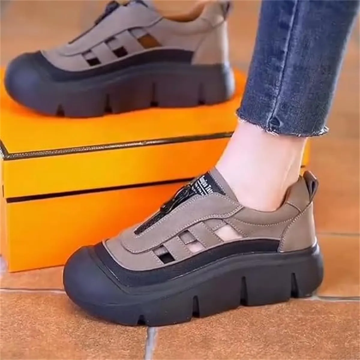 Aphrot Women Shoes,Leather Soft Sole Zip Walking Sandals with Heel,Trendy Hollow Casual Thick Orthopedic Shoes
